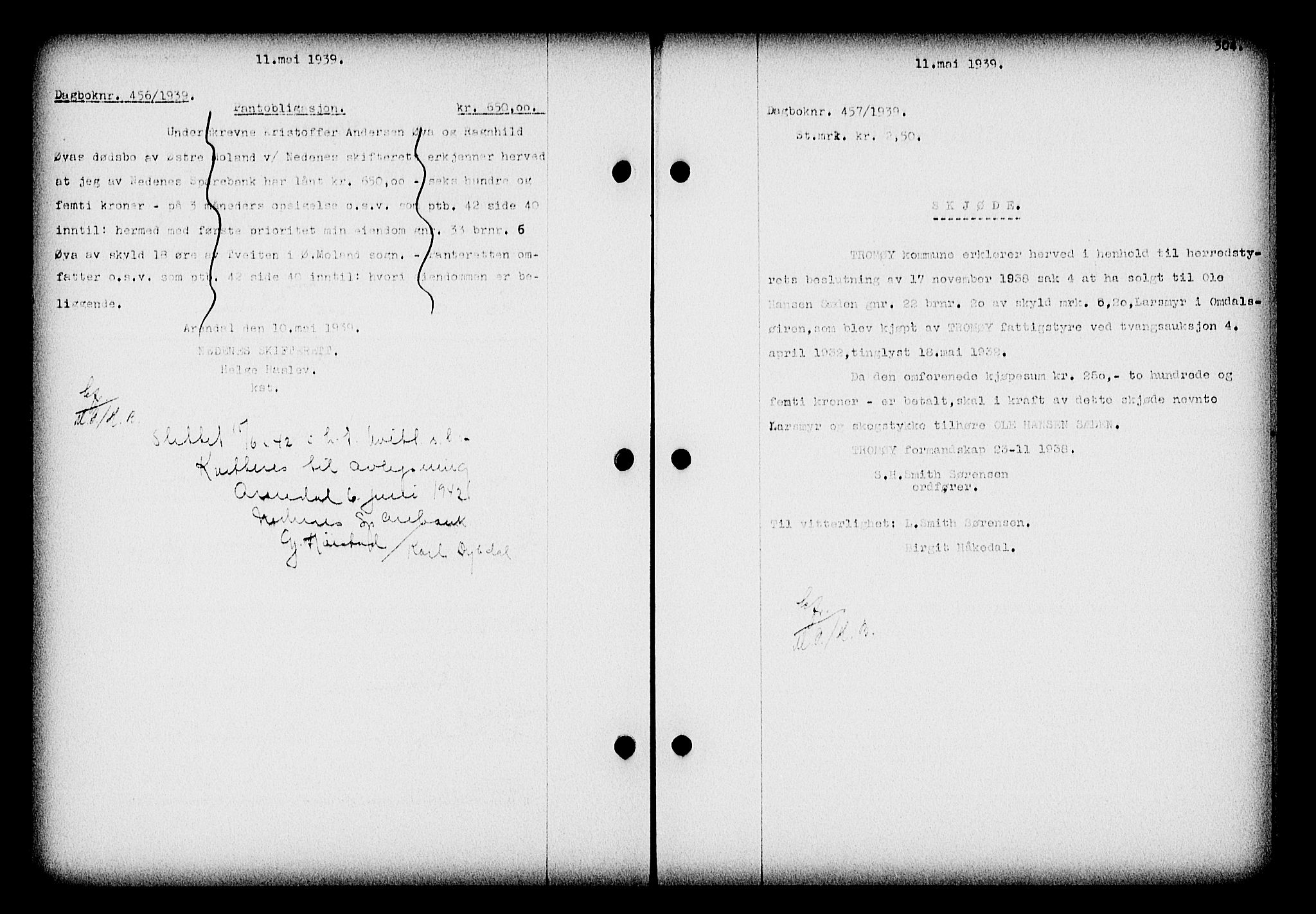 Nedenes sorenskriveri, SAK/1221-0006/G/Gb/Gba/L0046: Mortgage book no. 42, 1938-1939, Diary no: : 457/1939
