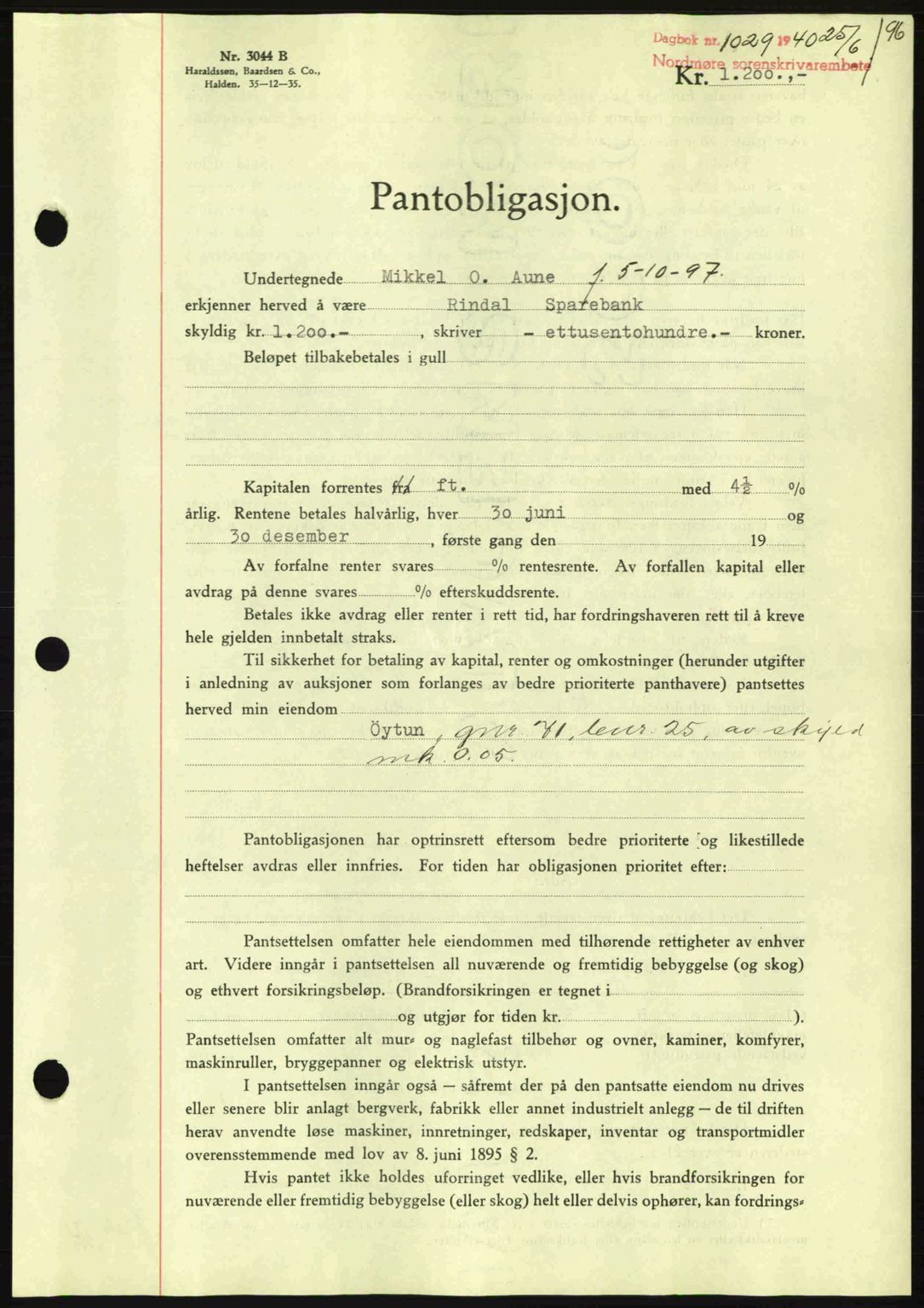 Nordmøre sorenskriveri, AV/SAT-A-4132/1/2/2Ca: Mortgage book no. B87, 1940-1941, Diary no: : 1029/1940