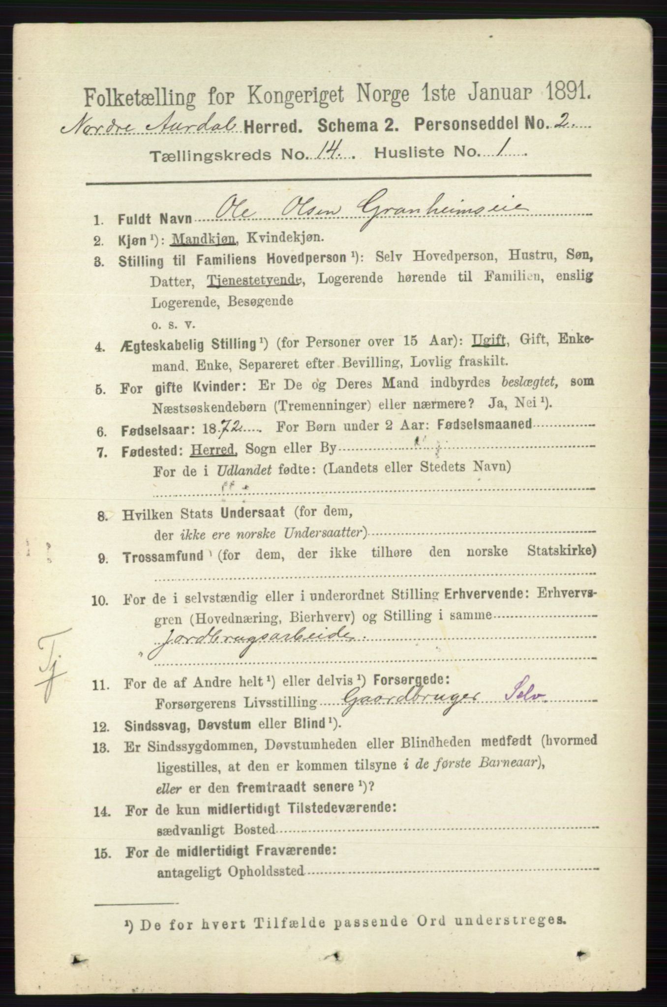 RA, 1891 census for 0542 Nord-Aurdal, 1891, p. 5214