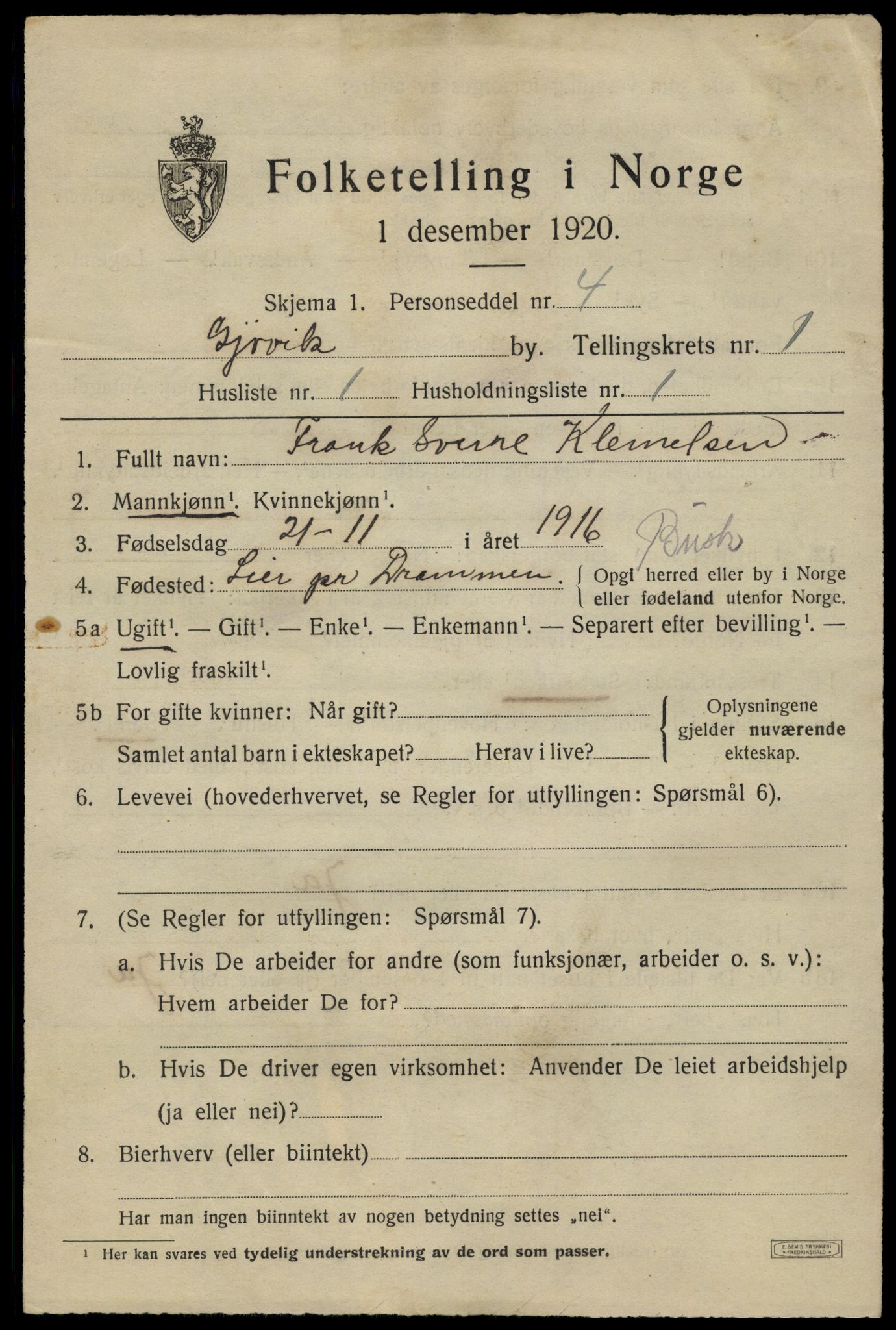 SAH, 1920 census for Gjøvik, 1920, p. 2400