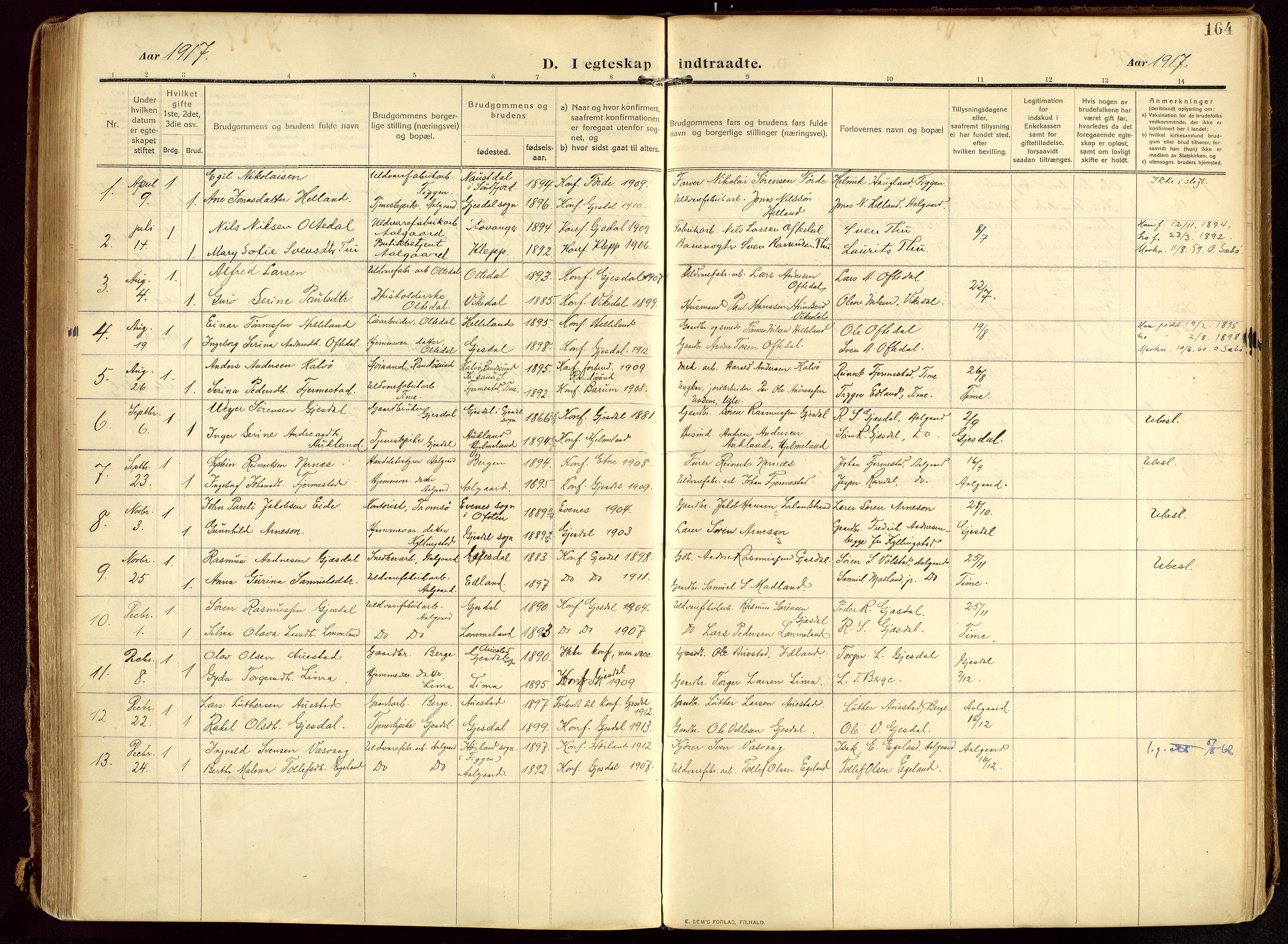 Lye sokneprestkontor, SAST/A-101794/002/B/L0001: Parish register (official) no. A 13, 1910-1925, p. 164
