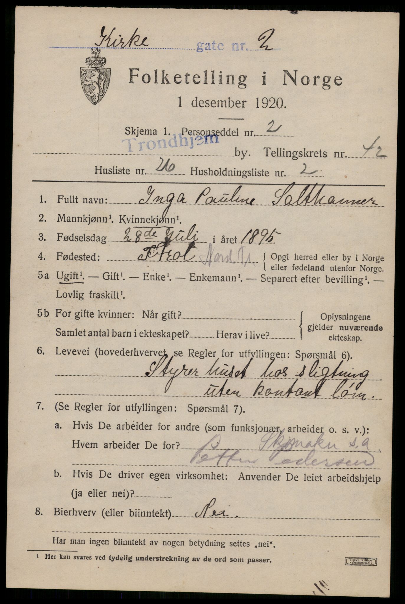 SAT, 1920 census for Trondheim, 1920, p. 92988