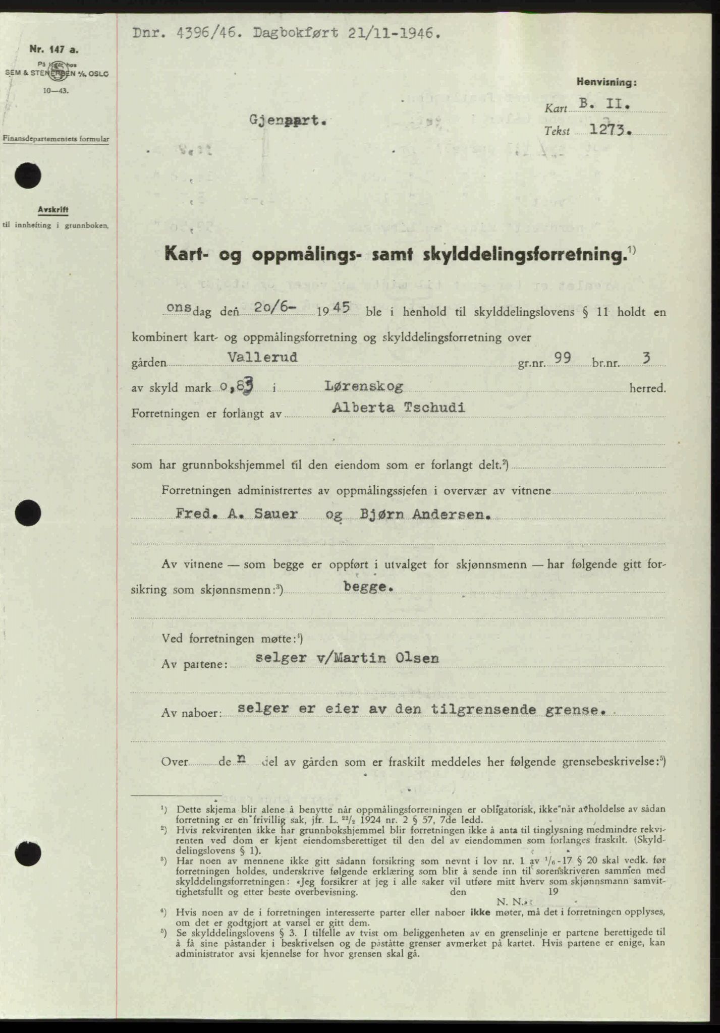 Nedre Romerike sorenskriveri, AV/SAO-A-10469/G/Gb/Gbd/L0017: Mortgage book no. 17, 1946-1946, Diary no: : 4396/1946