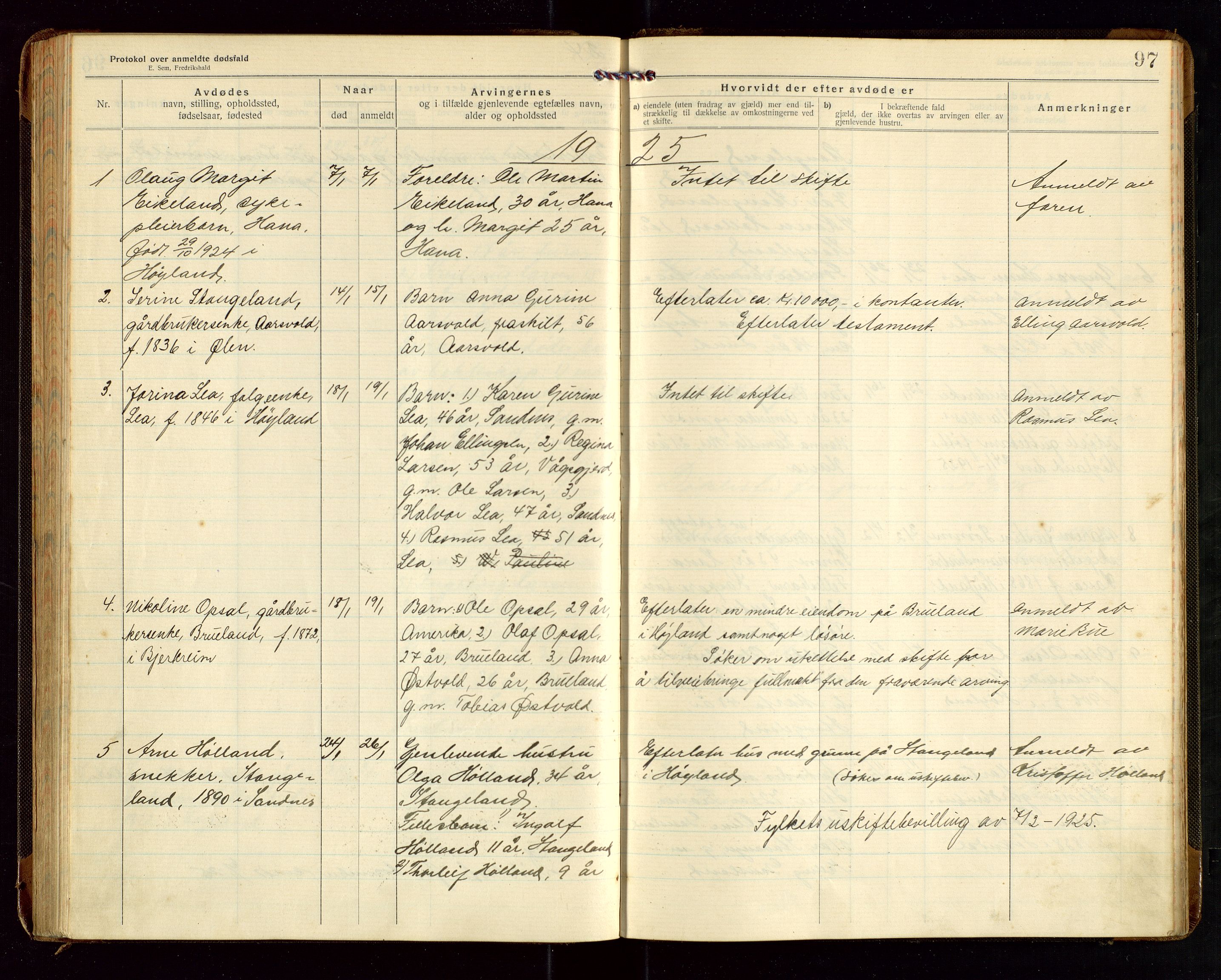 Høyland/Sandnes lensmannskontor, AV/SAST-A-100166/Gga/L0005: "Protokoll over anmeldte dødsfall i Høylands lensmannsdistrikt", 1920-1926, p. 97