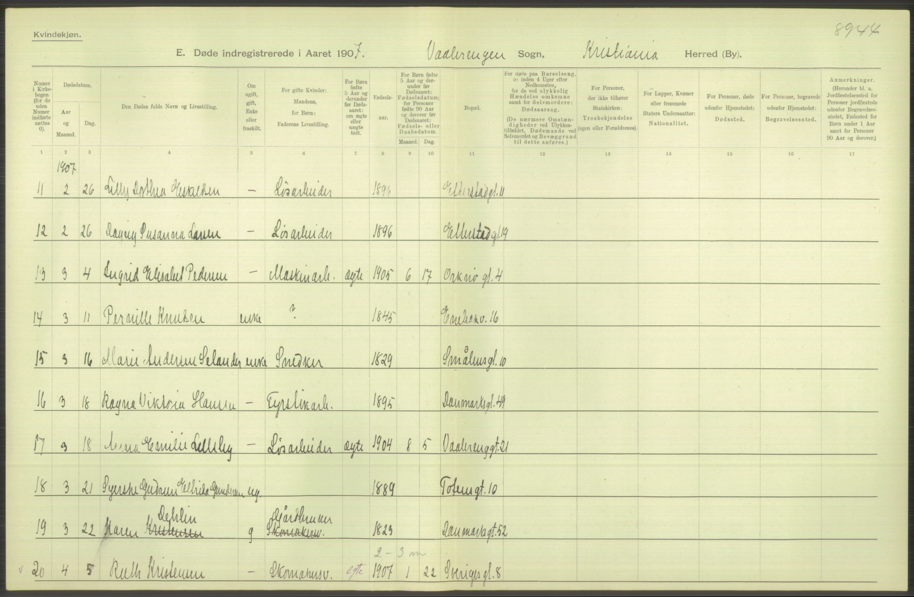 Statistisk sentralbyrå, Sosiodemografiske emner, Befolkning, AV/RA-S-2228/D/Df/Dfa/Dfae/L0009: Kristiania: Døde, 1907, p. 520