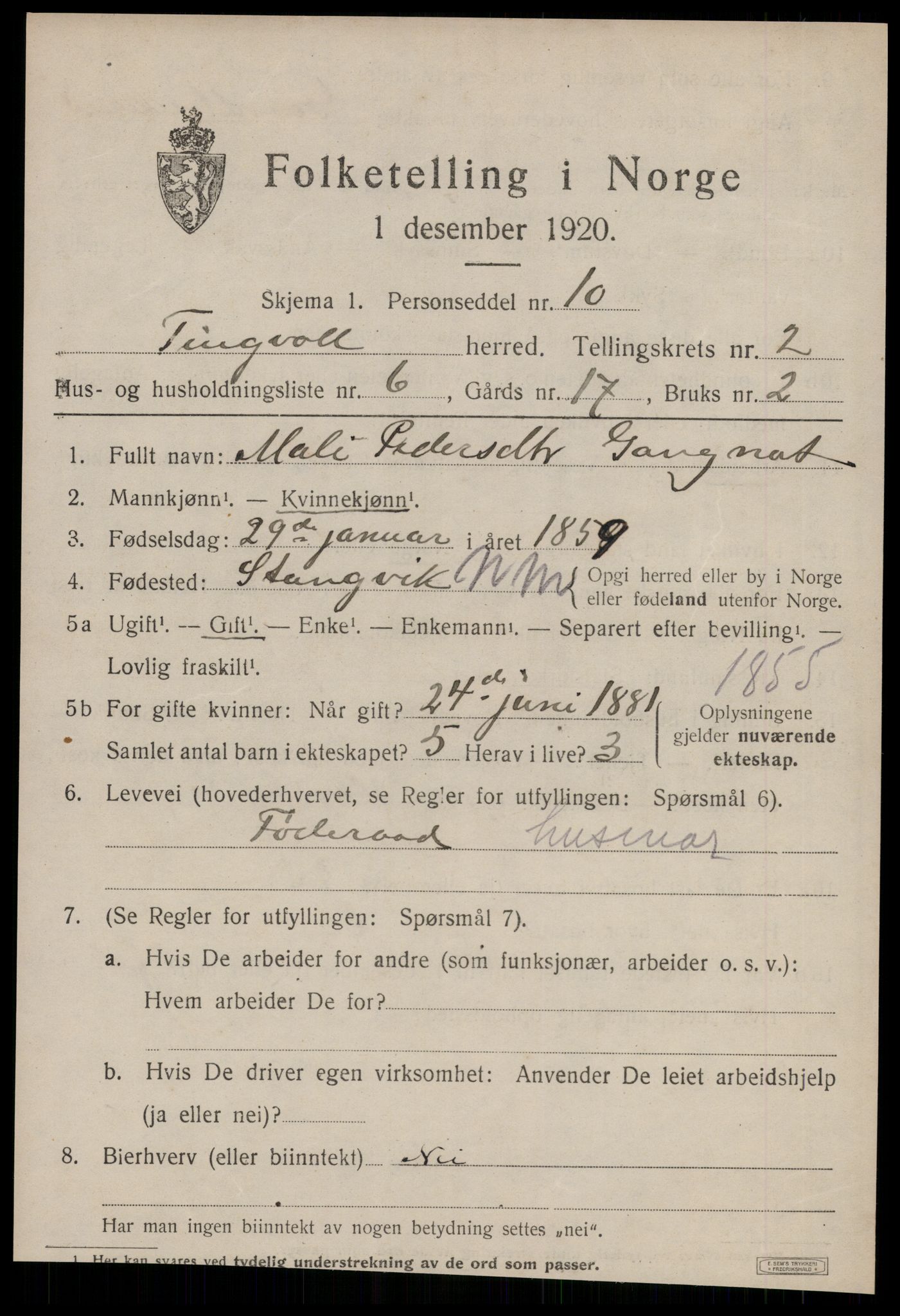 SAT, 1920 census for Tingvoll, 1920, p. 1234