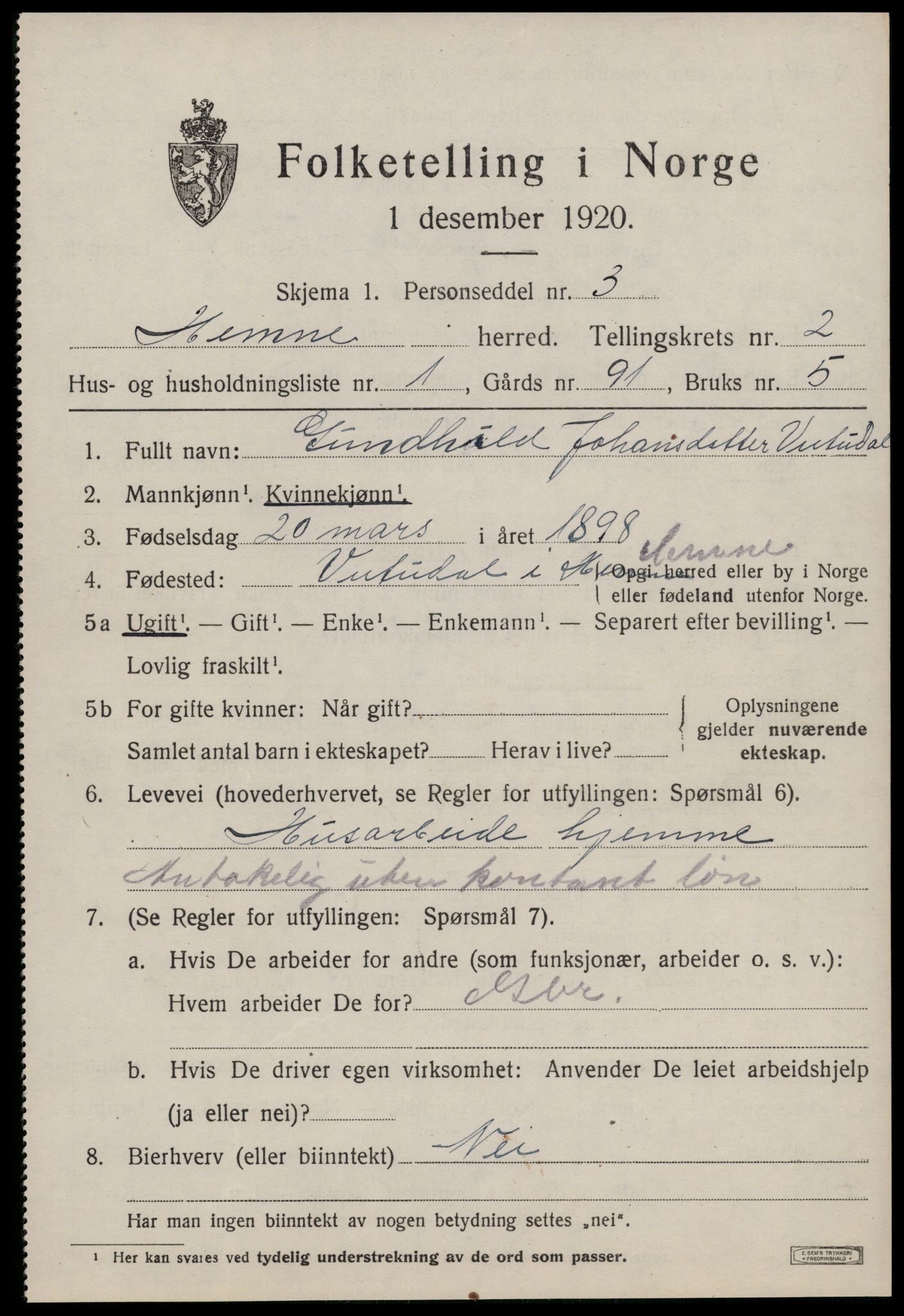 SAT, 1920 census for Hemne, 1920, p. 1810