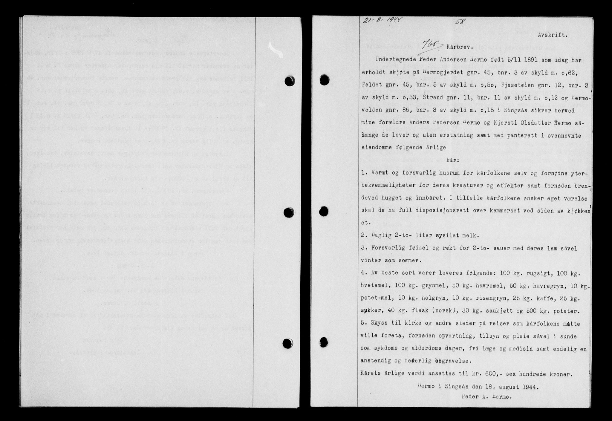 Gauldal sorenskriveri, SAT/A-0014/1/2/2C/L0058: Mortgage book no. 63, 1944-1945, Diary no: : 765/1944