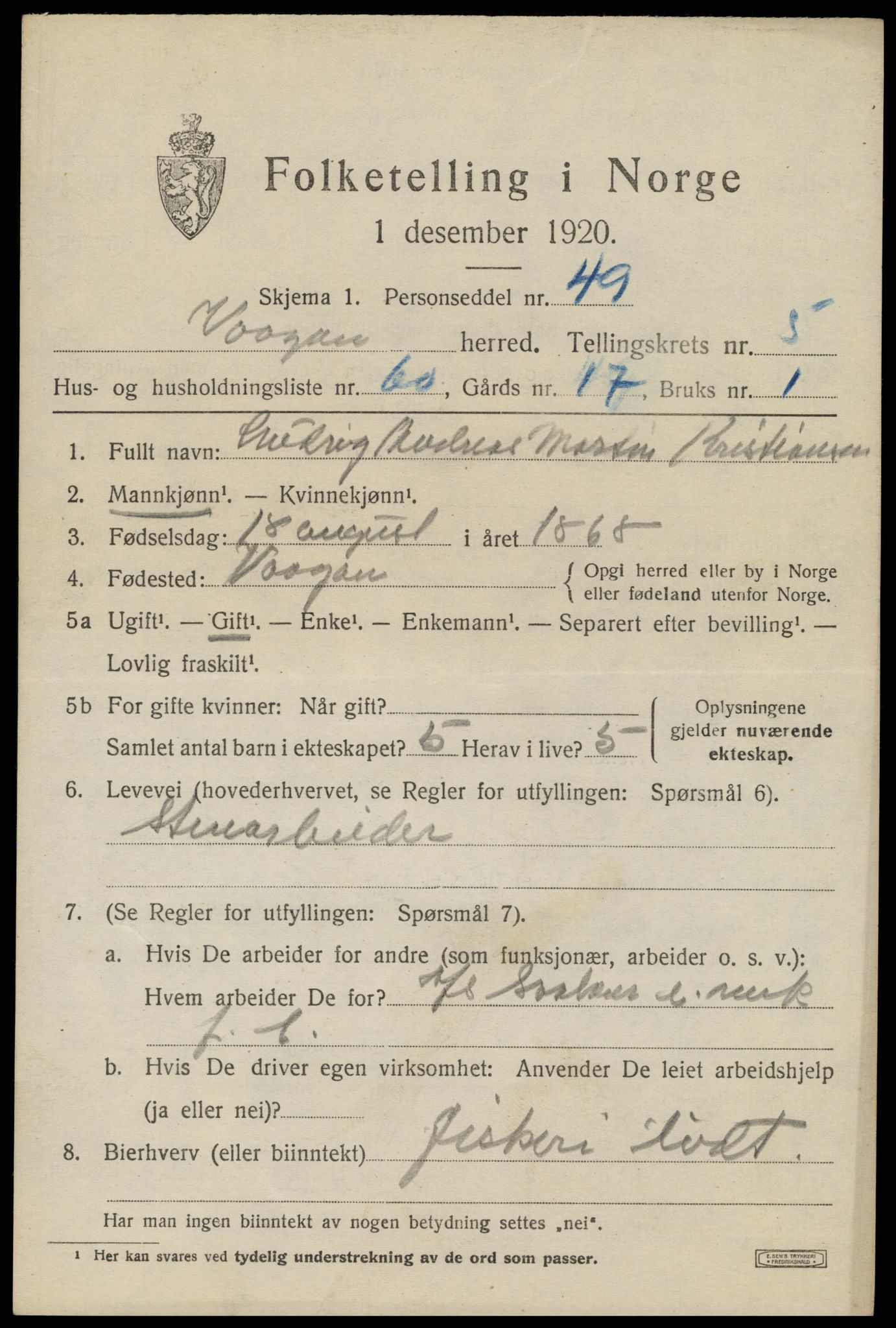 SAT, 1920 census for Vågan, 1920, p. 6137