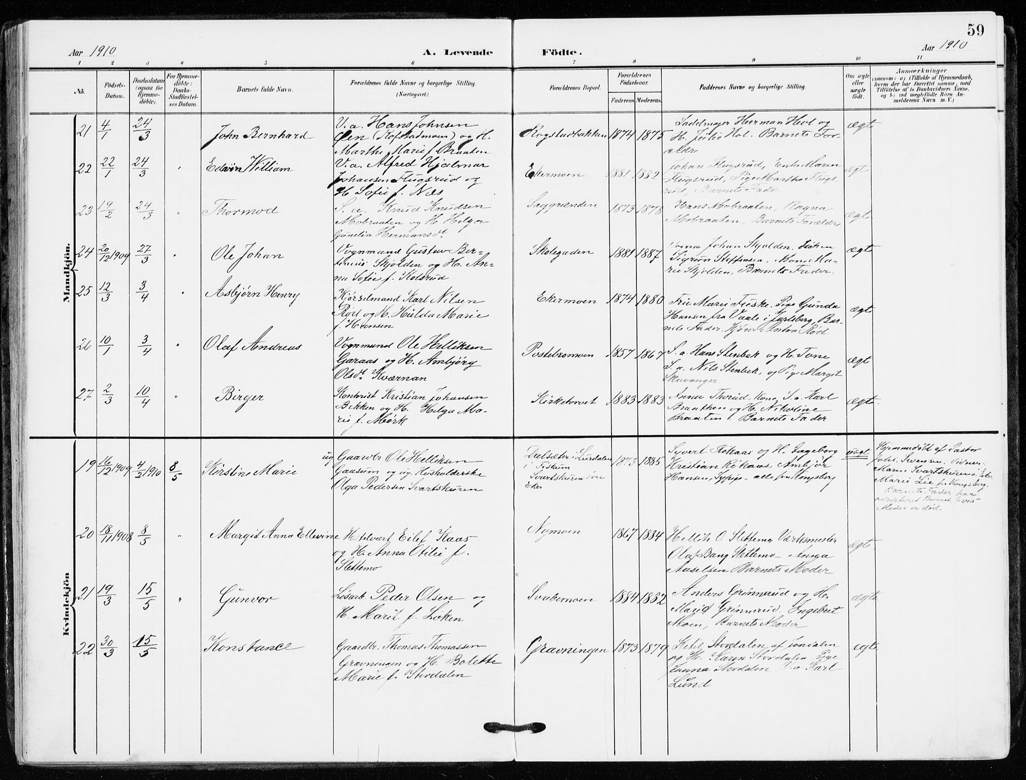 Kongsberg kirkebøker, AV/SAKO-A-22/F/Fb/L0004: Parish register (official) no. II 4, 1906-1918, p. 59