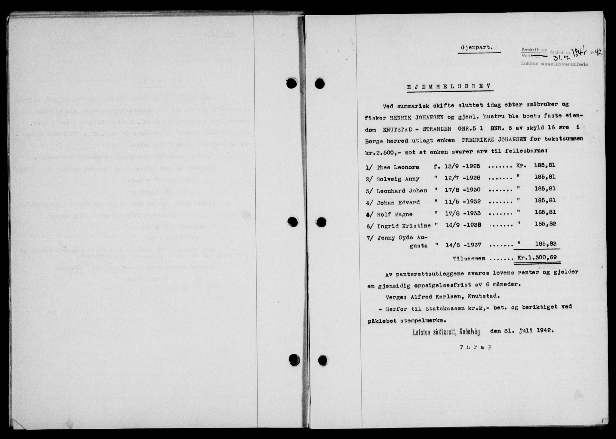 Lofoten sorenskriveri, SAT/A-0017/1/2/2C/L0010a: Mortgage book no. 10a, 1942-1943, Diary no: : 1344/1942