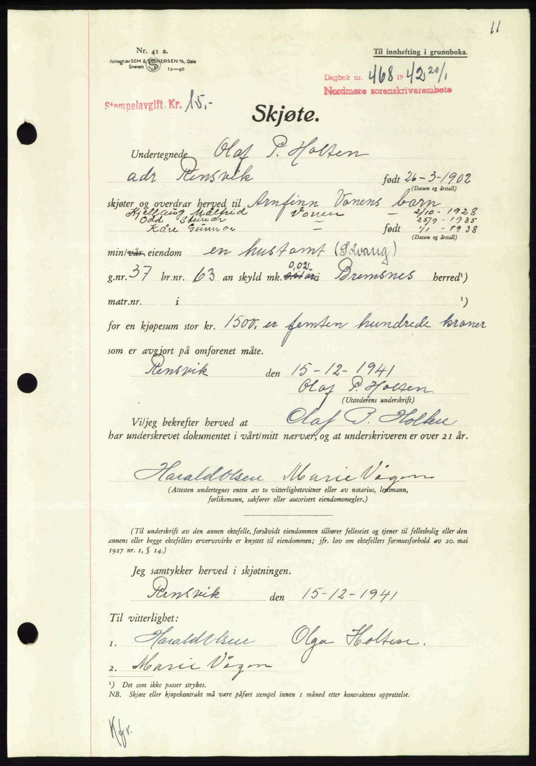 Nordmøre sorenskriveri, AV/SAT-A-4132/1/2/2Ca: Mortgage book no. A92, 1942-1942, Diary no: : 468/1942