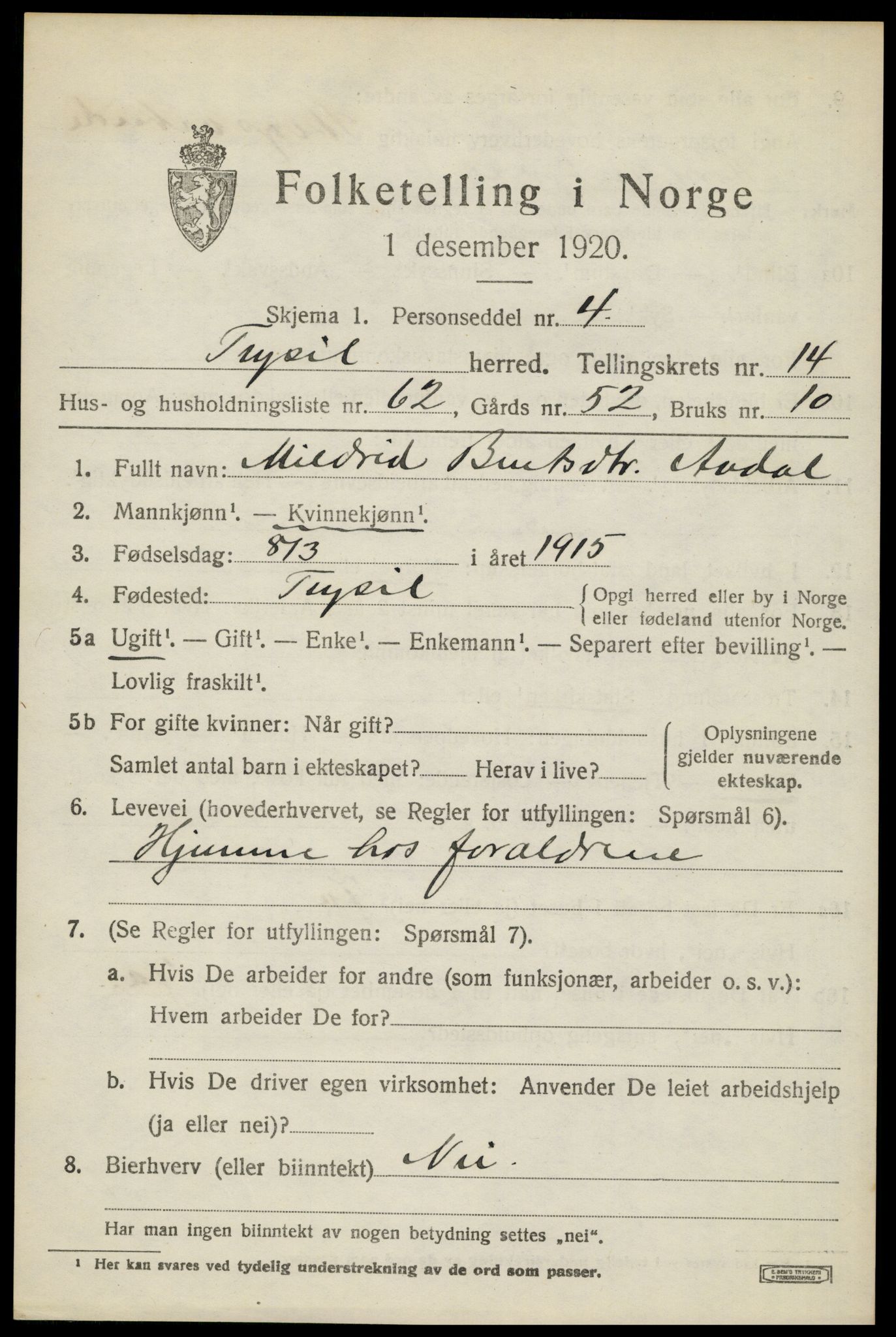 SAH, 1920 census for Trysil, 1920, p. 8683