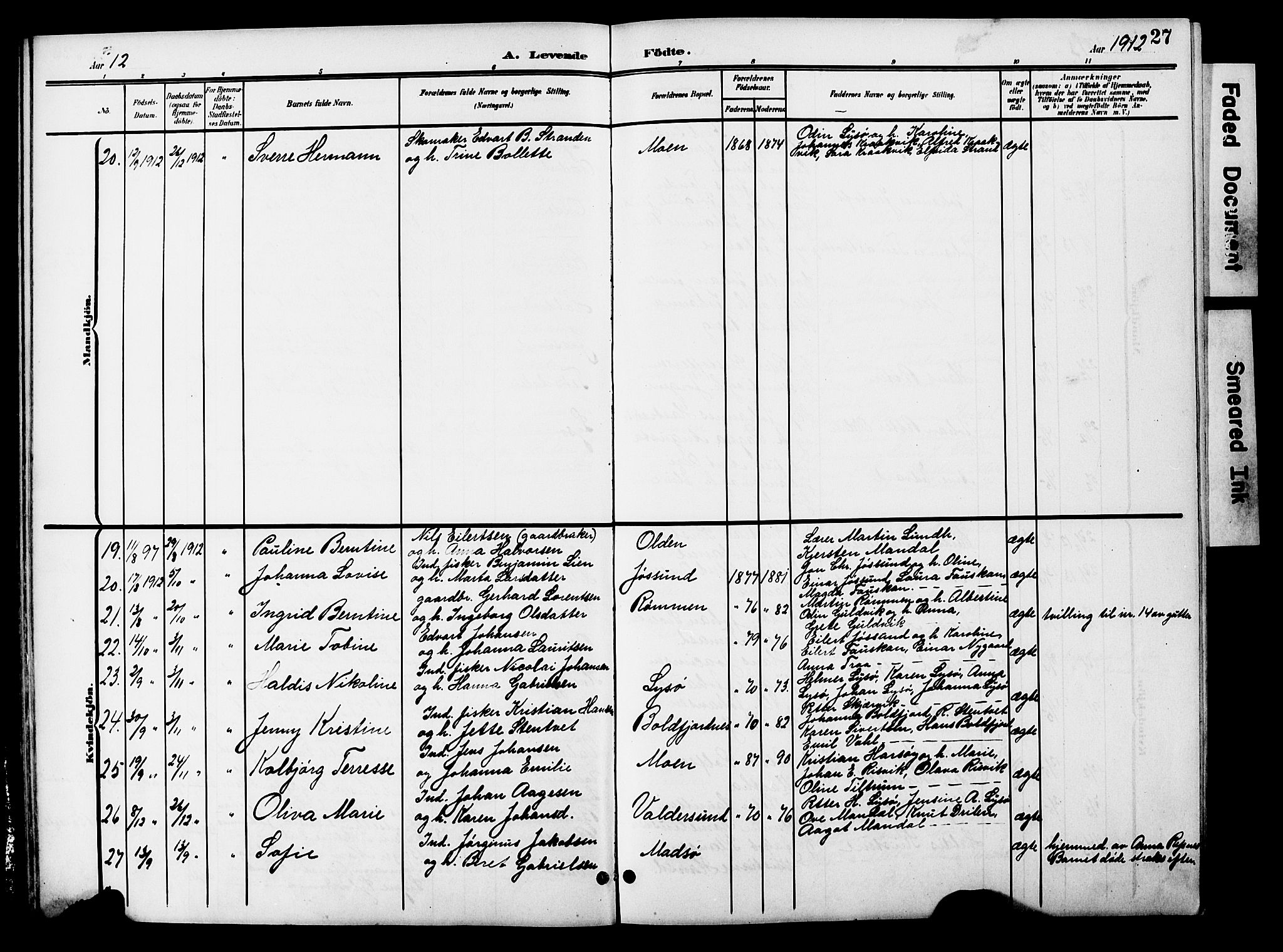 Ministerialprotokoller, klokkerbøker og fødselsregistre - Sør-Trøndelag, SAT/A-1456/654/L0666: Parish register (copy) no. 654C02, 1901-1925, p. 27