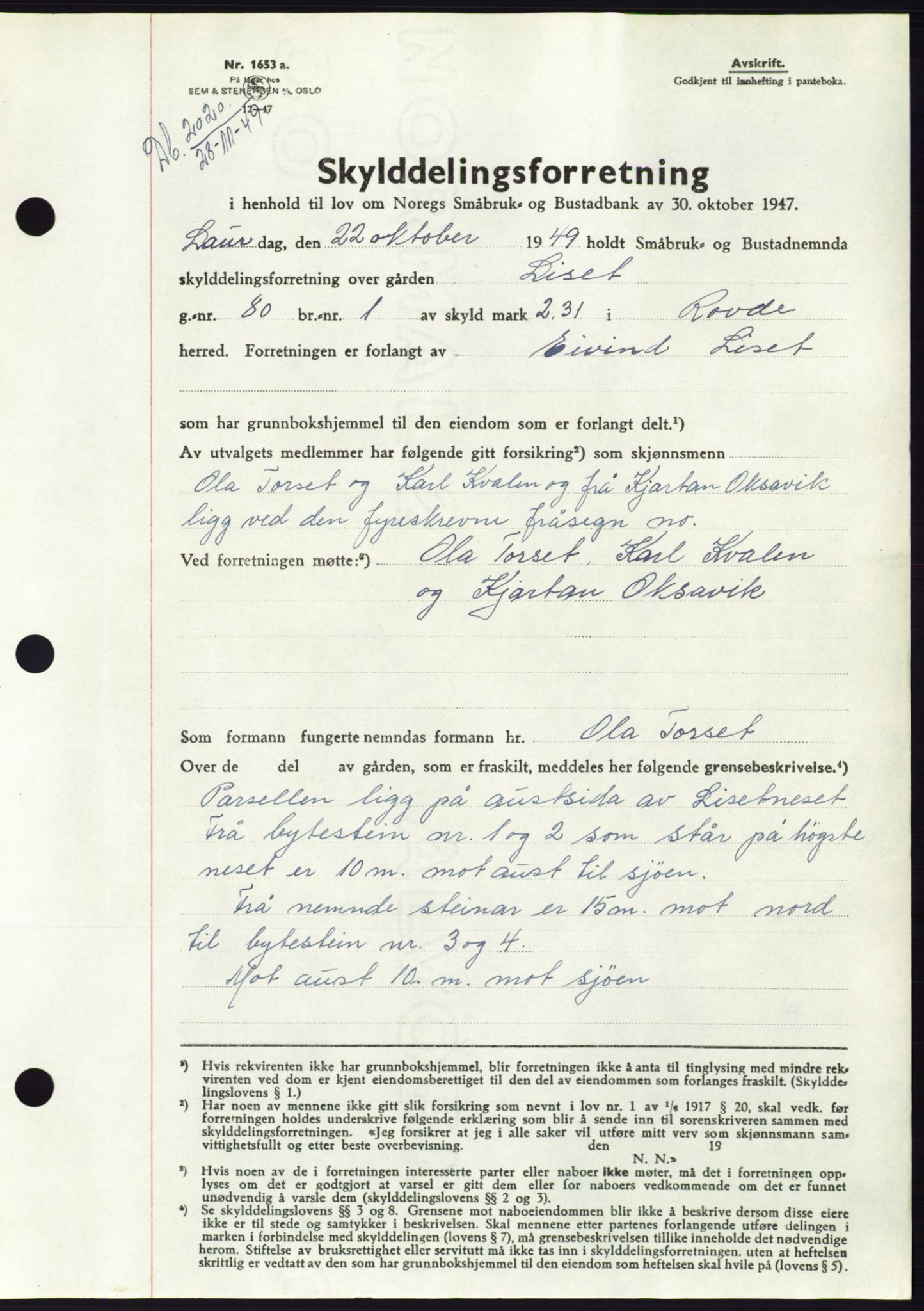 Søre Sunnmøre sorenskriveri, AV/SAT-A-4122/1/2/2C/L0085: Mortgage book no. 11A, 1949-1949, Diary no: : 2020/1949