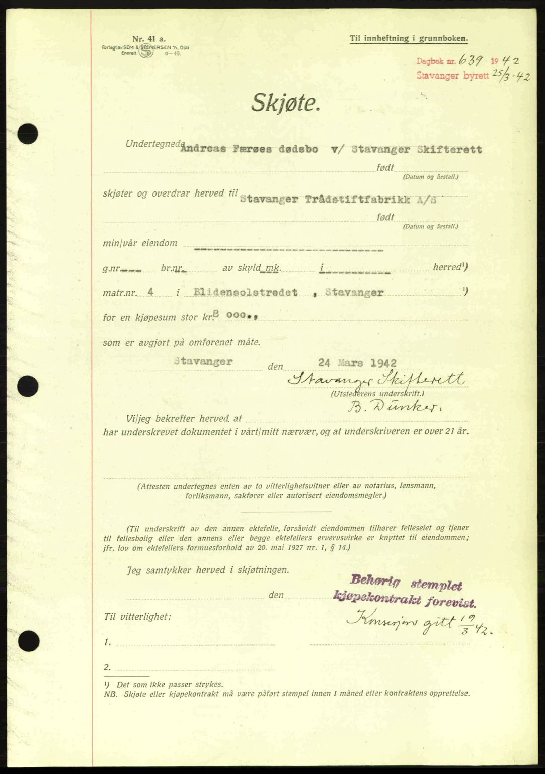 Stavanger byrett, SAST/A-100455/002/G/Gb/L0017: Mortgage book no. A7, 1941-1943, Diary no: : 639/1942