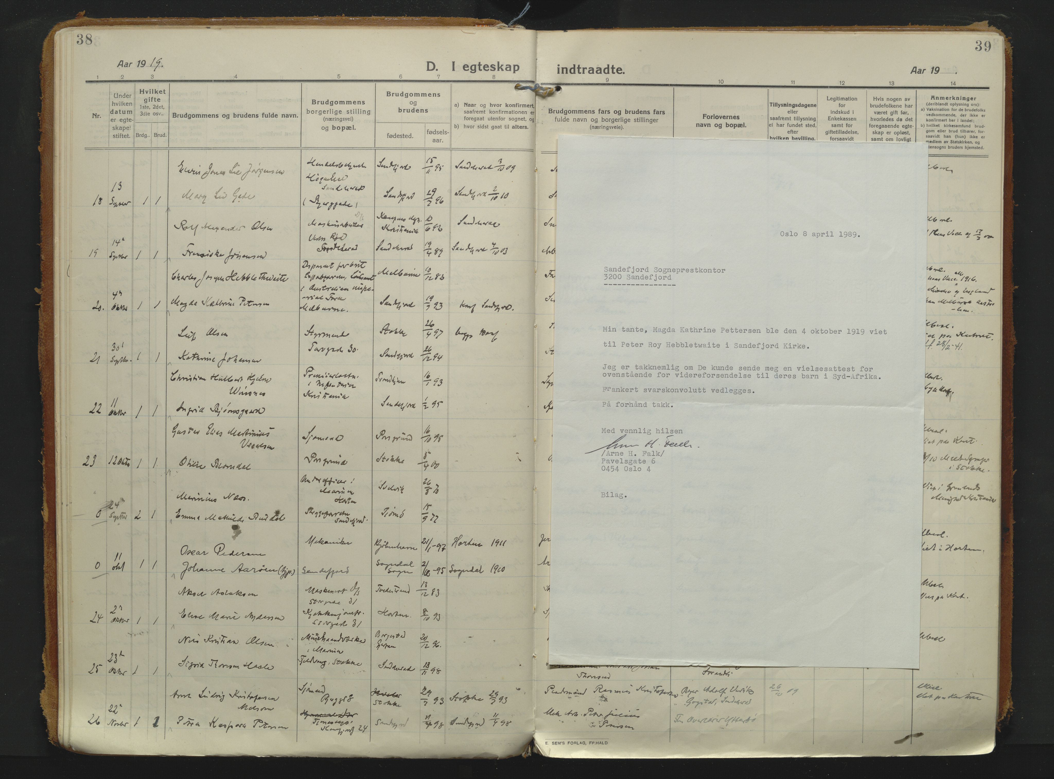 Sandefjord kirkebøker, SAKO/A-315/F/Fa/L0008: Parish register (official) no. 8, 1916-1926, p. 38-39