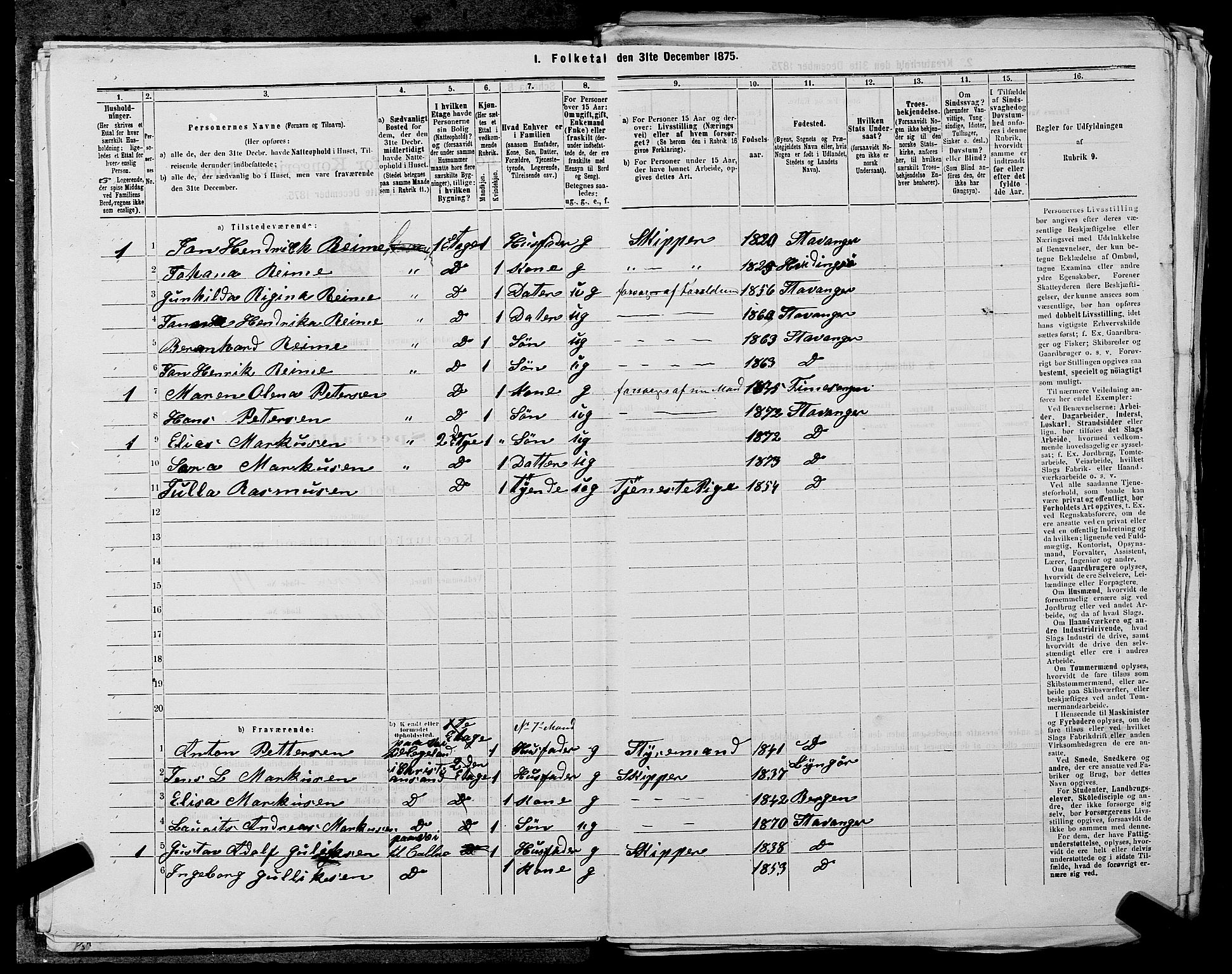 SAST, 1875 census for 1103 Stavanger, 1875, p. 28