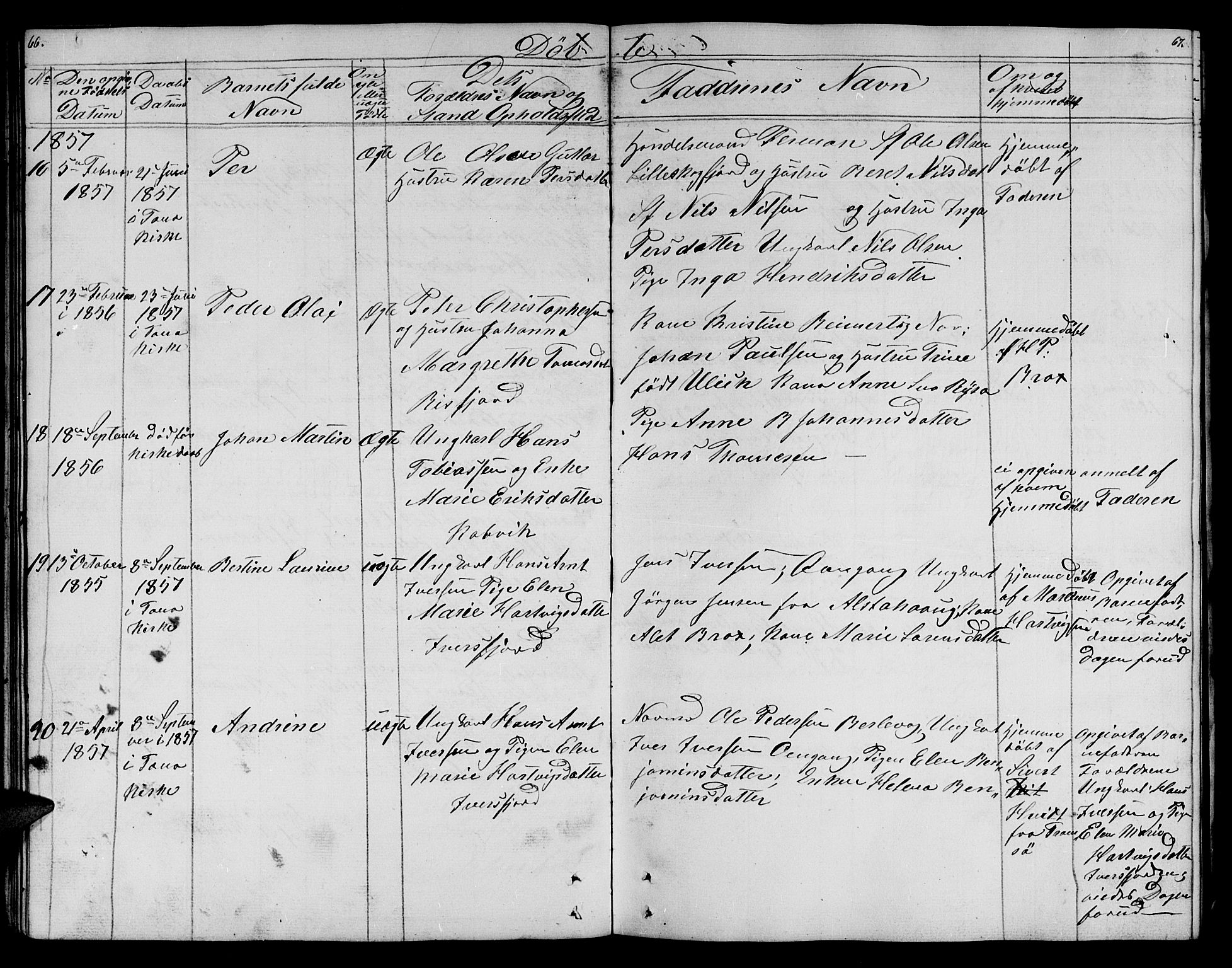 Lebesby sokneprestkontor, AV/SATØ-S-1353/H/Hb/L0001klokker: Parish register (copy) no. 1, 1846-1862, p. 66-67