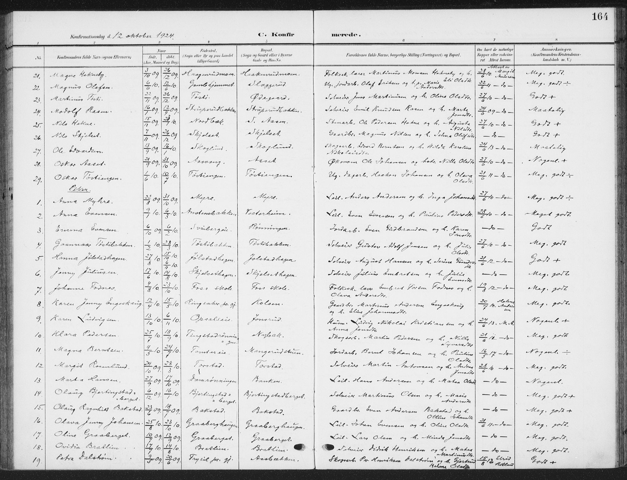 Romedal prestekontor, AV/SAH-PREST-004/K/L0009: Parish register (official) no. 9, 1906-1929, p. 164