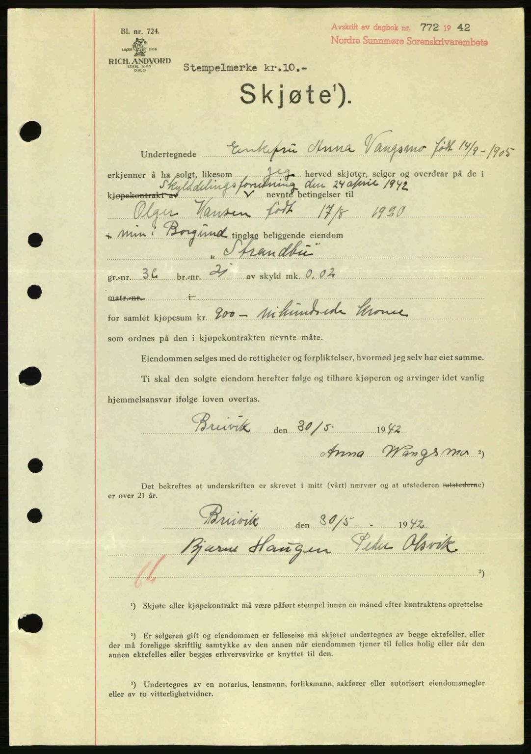 Nordre Sunnmøre sorenskriveri, AV/SAT-A-0006/1/2/2C/2Ca: Mortgage book no. A13, 1942-1942, Diary no: : 772/1942