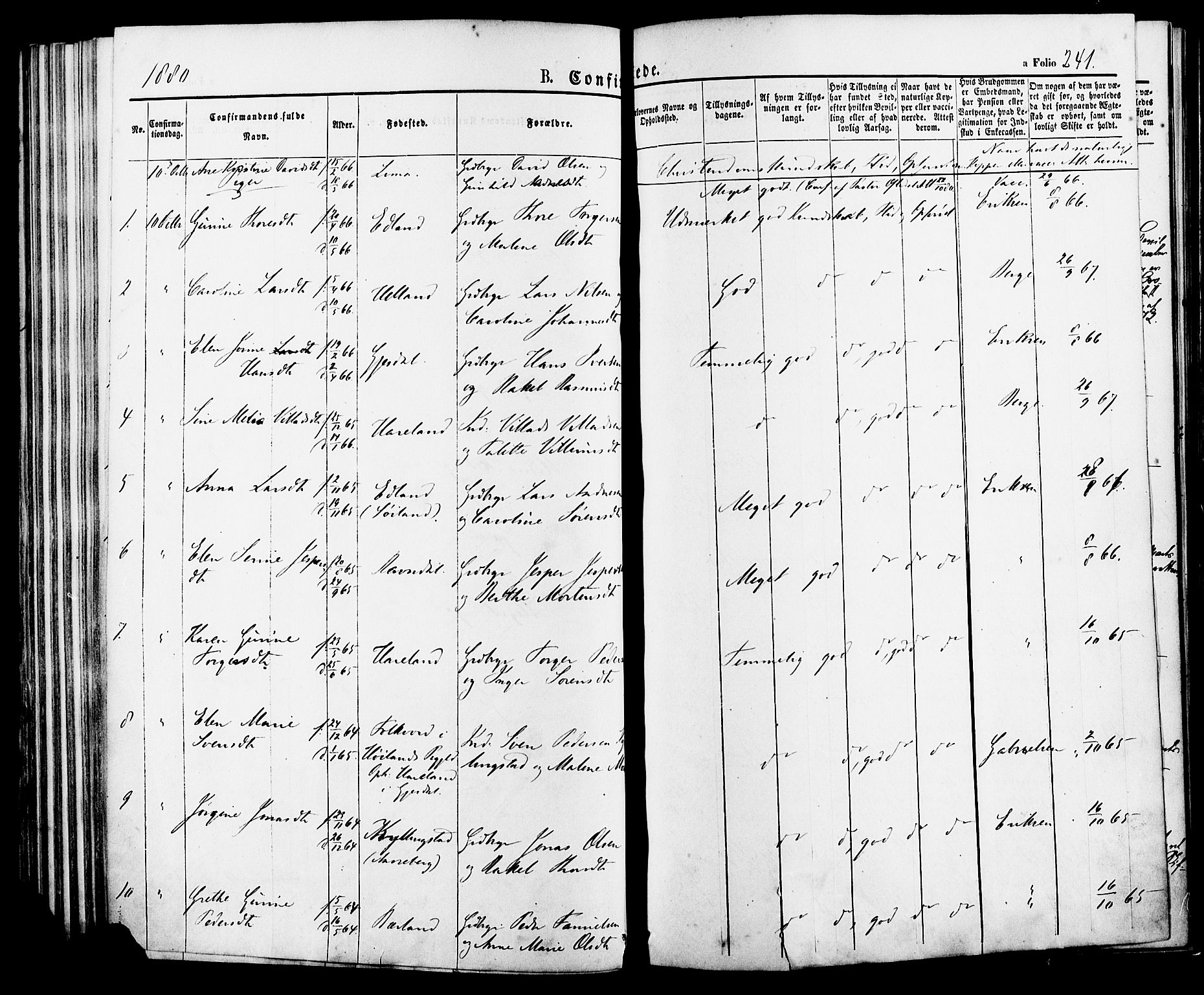 Lye sokneprestkontor, AV/SAST-A-101794/001/30BA/L0008: Parish register (official) no. A 7, 1872-1881, p. 241