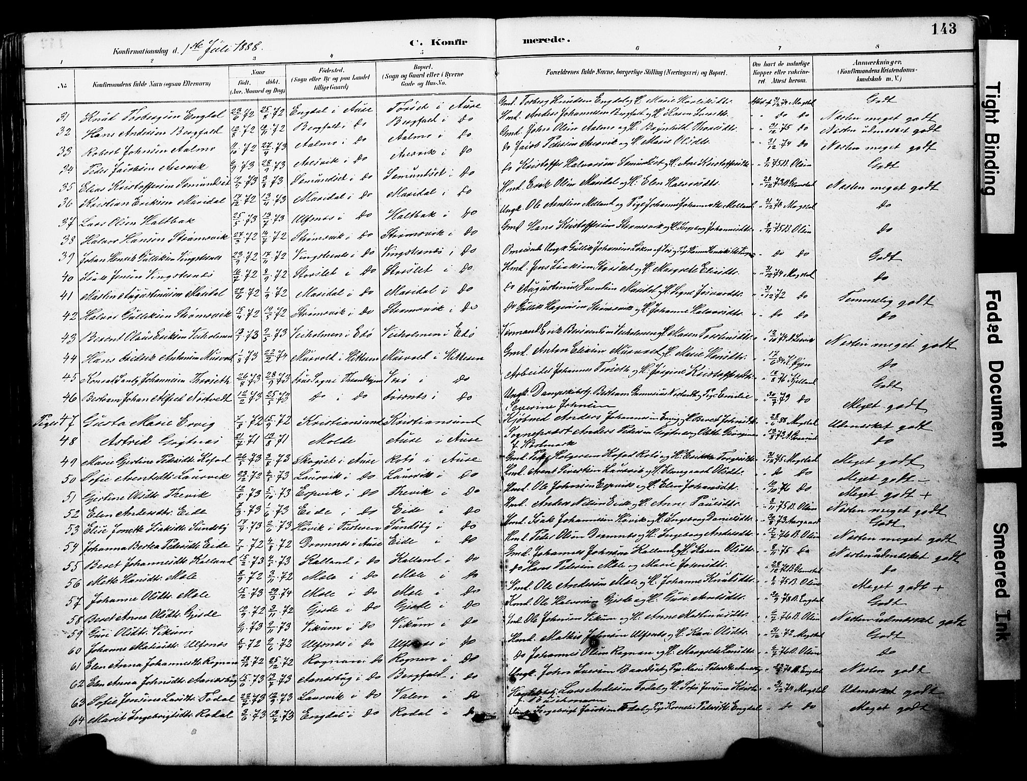 Ministerialprotokoller, klokkerbøker og fødselsregistre - Møre og Romsdal, AV/SAT-A-1454/578/L0907: Parish register (official) no. 578A06, 1887-1904, p. 143