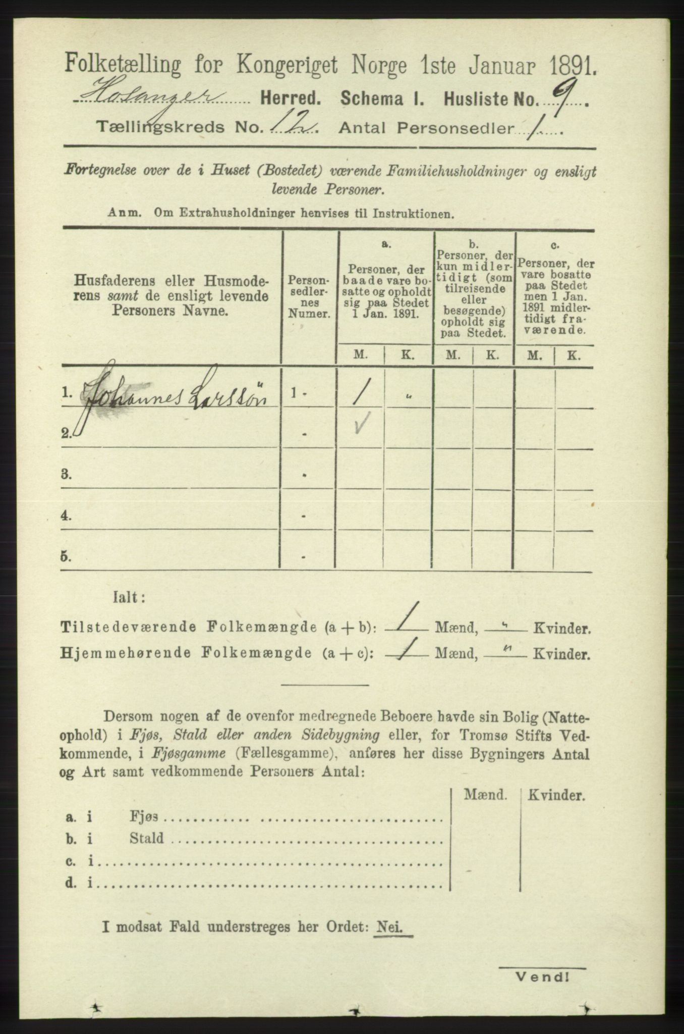 RA, 1891 census for 1253 Hosanger, 1891, p. 3969