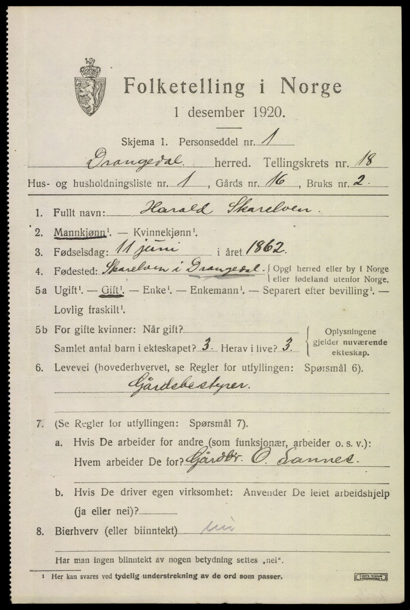 SAKO, 1920 census for Drangedal, 1920, p. 8303