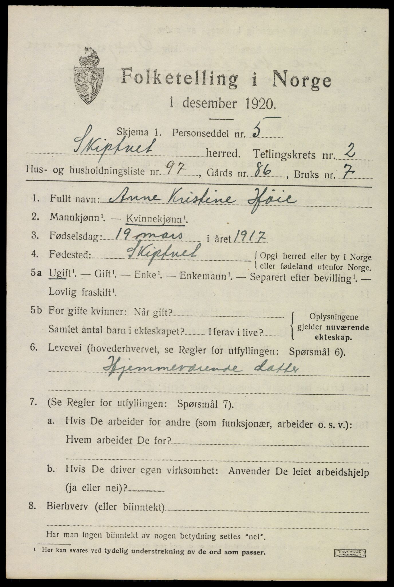 SAO, 1920 census for Skiptvet, 1920, p. 2907