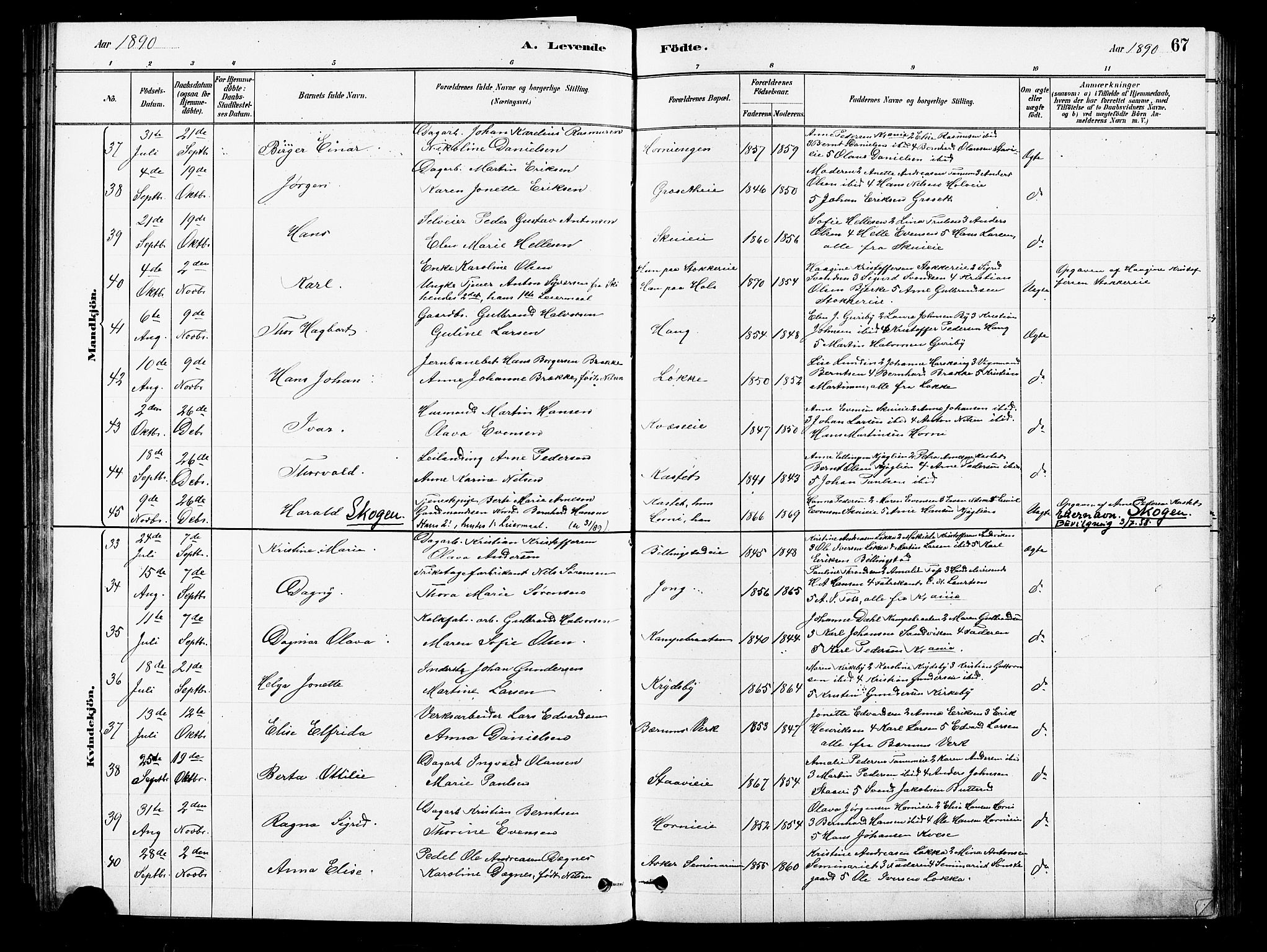 Asker prestekontor Kirkebøker, SAO/A-10256a/F/Fb/L0001: Parish register (official) no. II 1, 1879-1895, p. 67