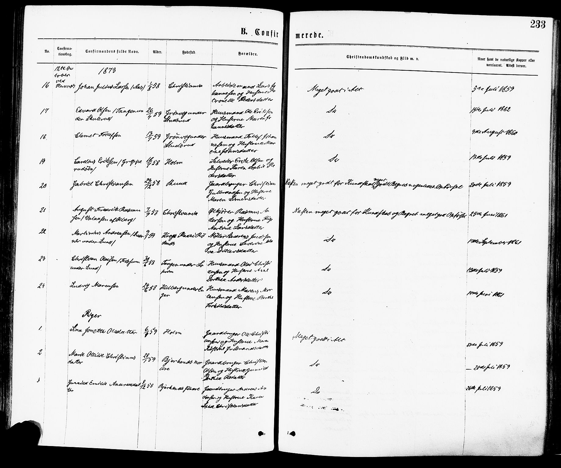 Høland prestekontor Kirkebøker, SAO/A-10346a/F/Fa/L0012.a: Parish register (official) no. I 12A, 1869-1879, p. 233