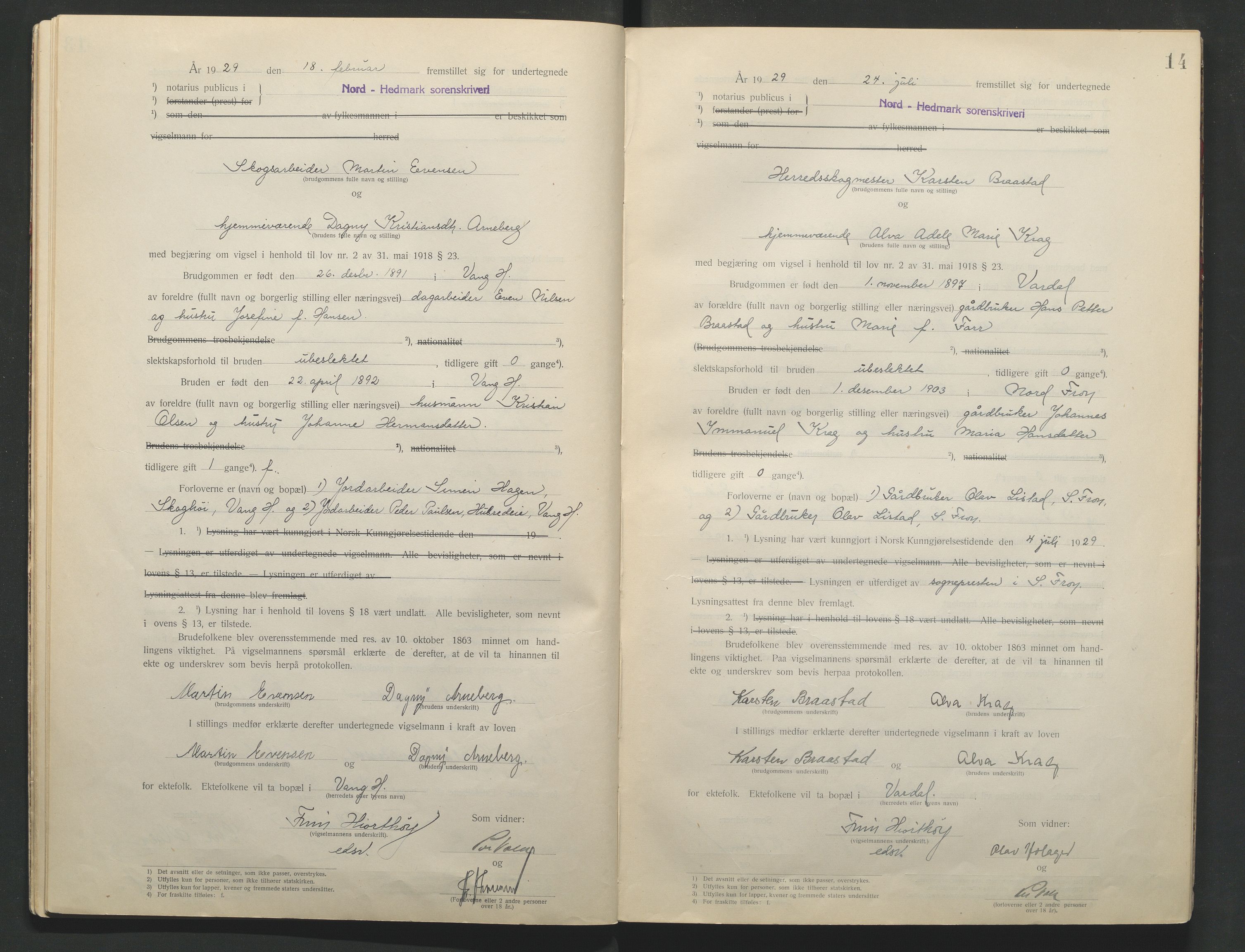 Nord-Hedmark sorenskriveri, AV/SAH-TING-012/L/Lc/L0001/0001: Vigselsprotokoller / Vigselsprotokoll, 1920-1942, p. 14