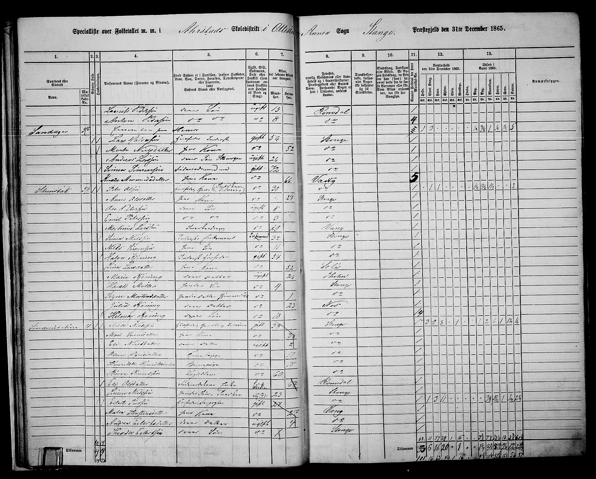 RA, 1865 census for Stange, 1865, p. 29