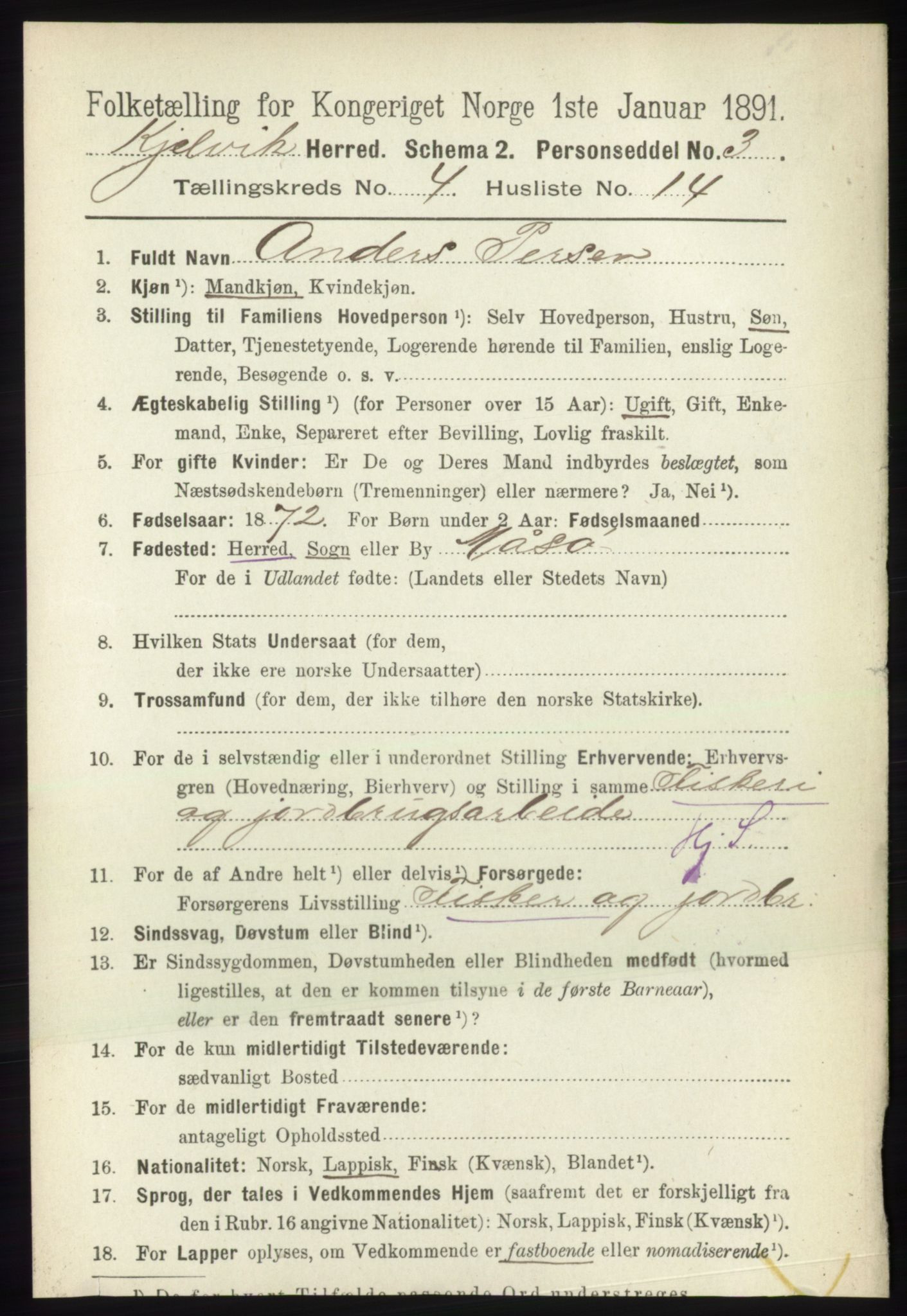 RA, 1891 census for 2019 Kjelvik, 1891, p. 512