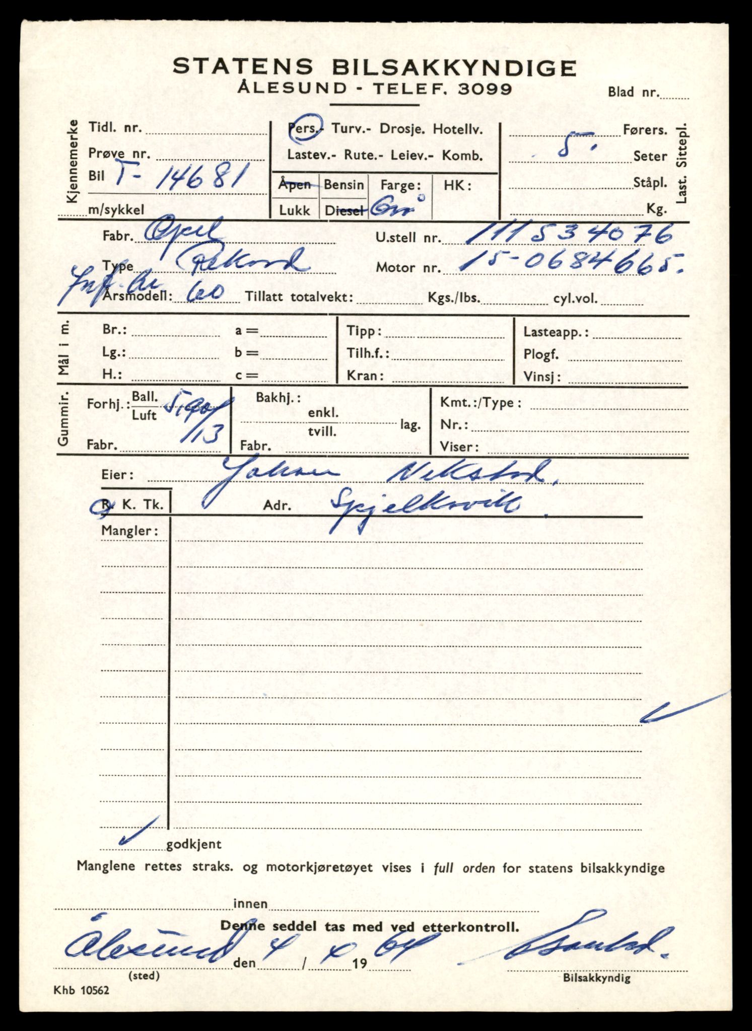 Møre og Romsdal vegkontor - Ålesund trafikkstasjon, SAT/A-4099/F/Fe/L0047: Registreringskort for kjøretøy T 14580 - T 14720, 1927-1998, p. 2375