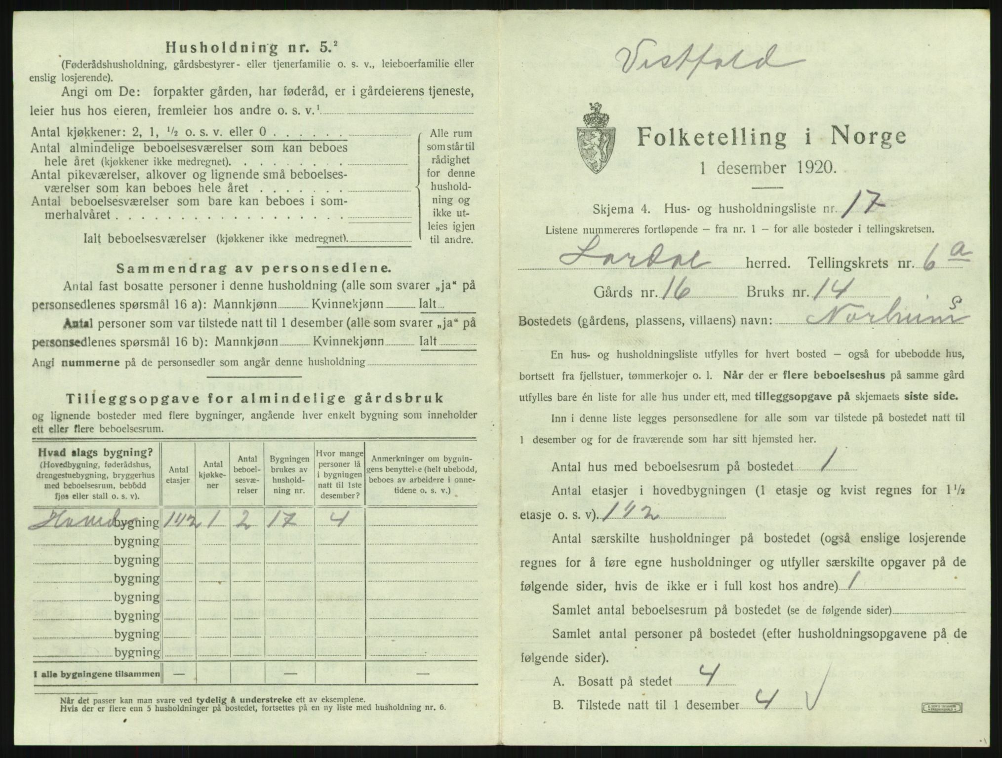 SAKO, 1920 census for Lardal, 1920, p. 905
