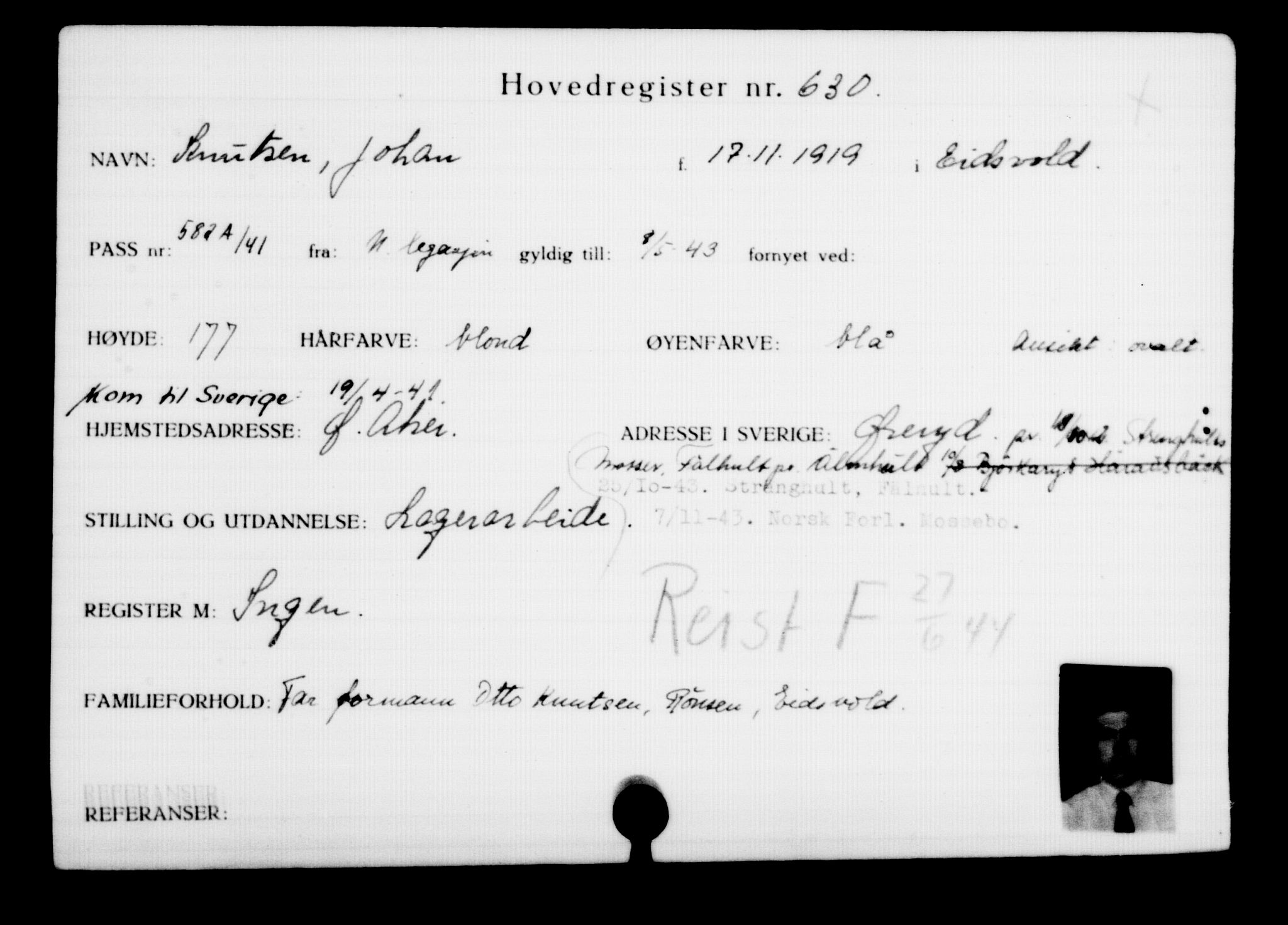 Utenriksstasjonene, Legasjonen i Stockholm, Flyktningkontoret, AV/RA-S-6753/V/Va/L0001: Kjesäterkartoteket, flyktninger med registreringsnr. 1-1000, 1940-1945, p. 984