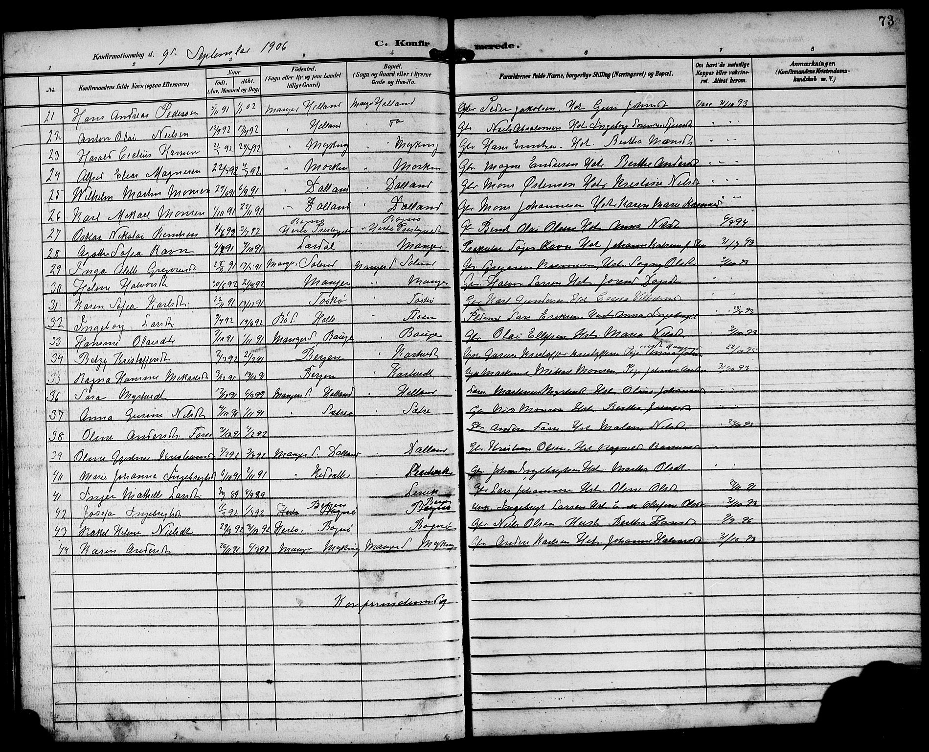 Manger sokneprestembete, AV/SAB-A-76801/H/Hab: Parish register (copy) no. A 2, 1902-1923, p. 73