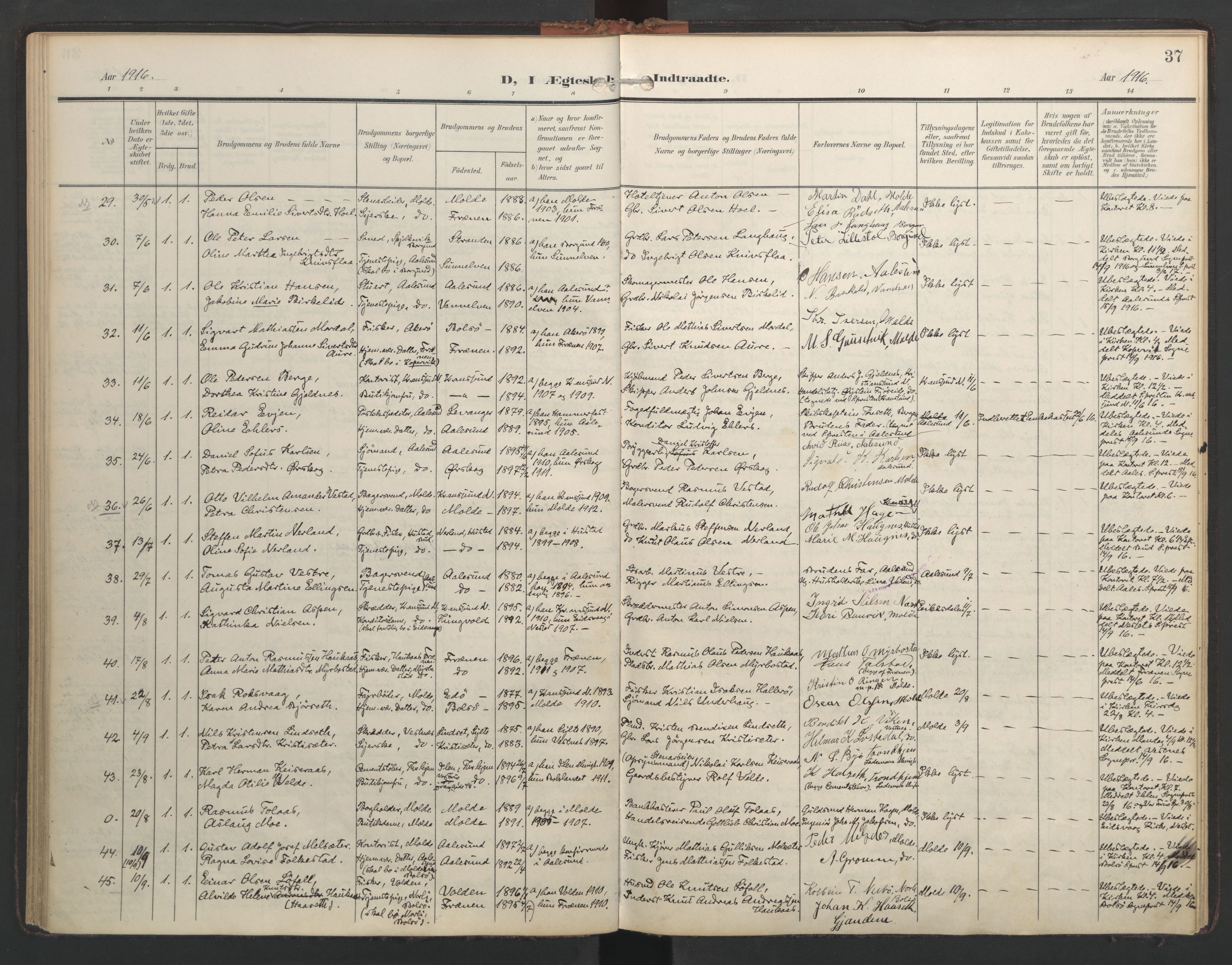 Ministerialprotokoller, klokkerbøker og fødselsregistre - Møre og Romsdal, AV/SAT-A-1454/558/L0694: Parish register (official) no. 558A08, 1907-1922, p. 37