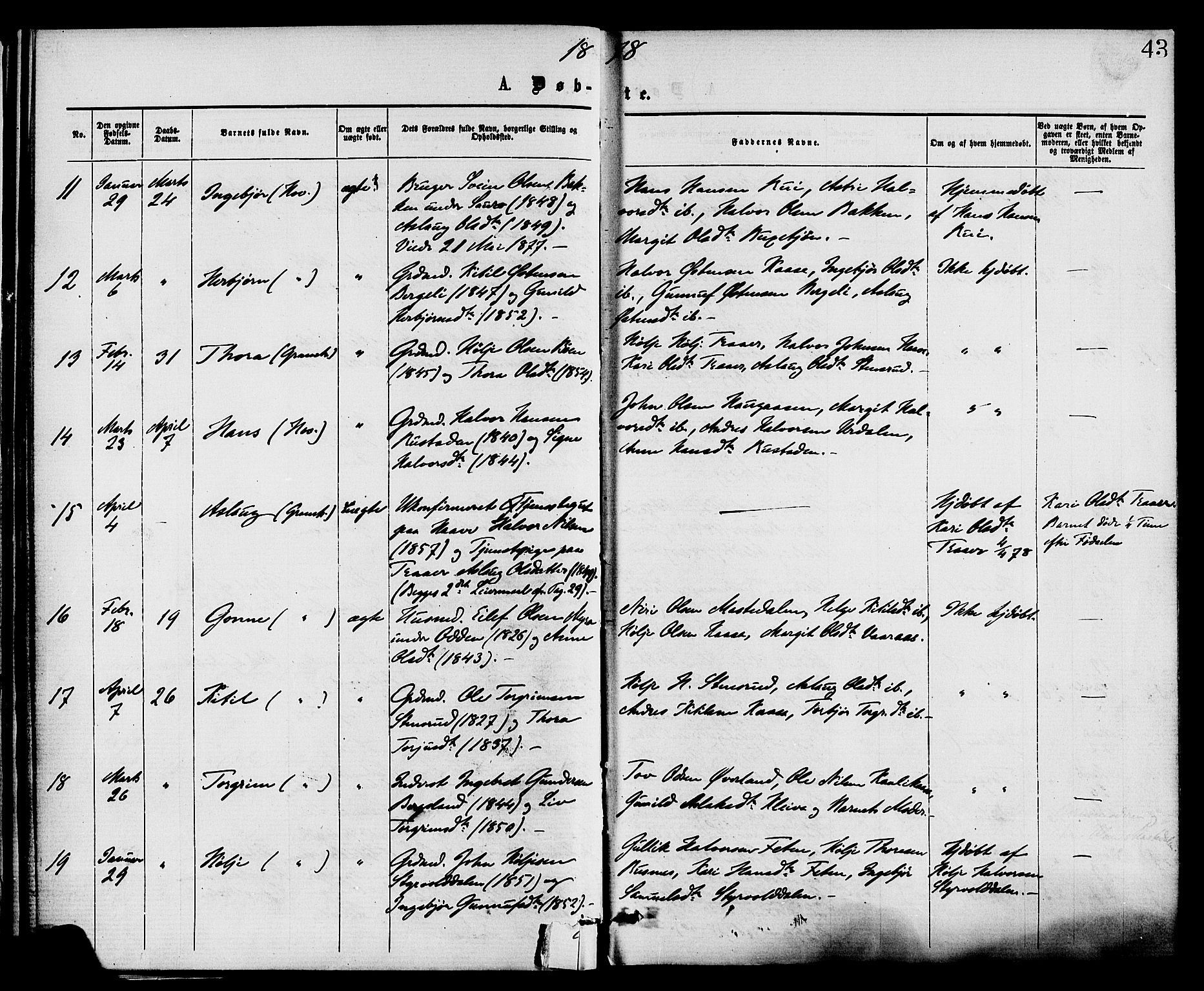 Gransherad kirkebøker, SAKO/A-267/F/Fa/L0004: Parish register (official) no. I 4, 1871-1886, p. 43
