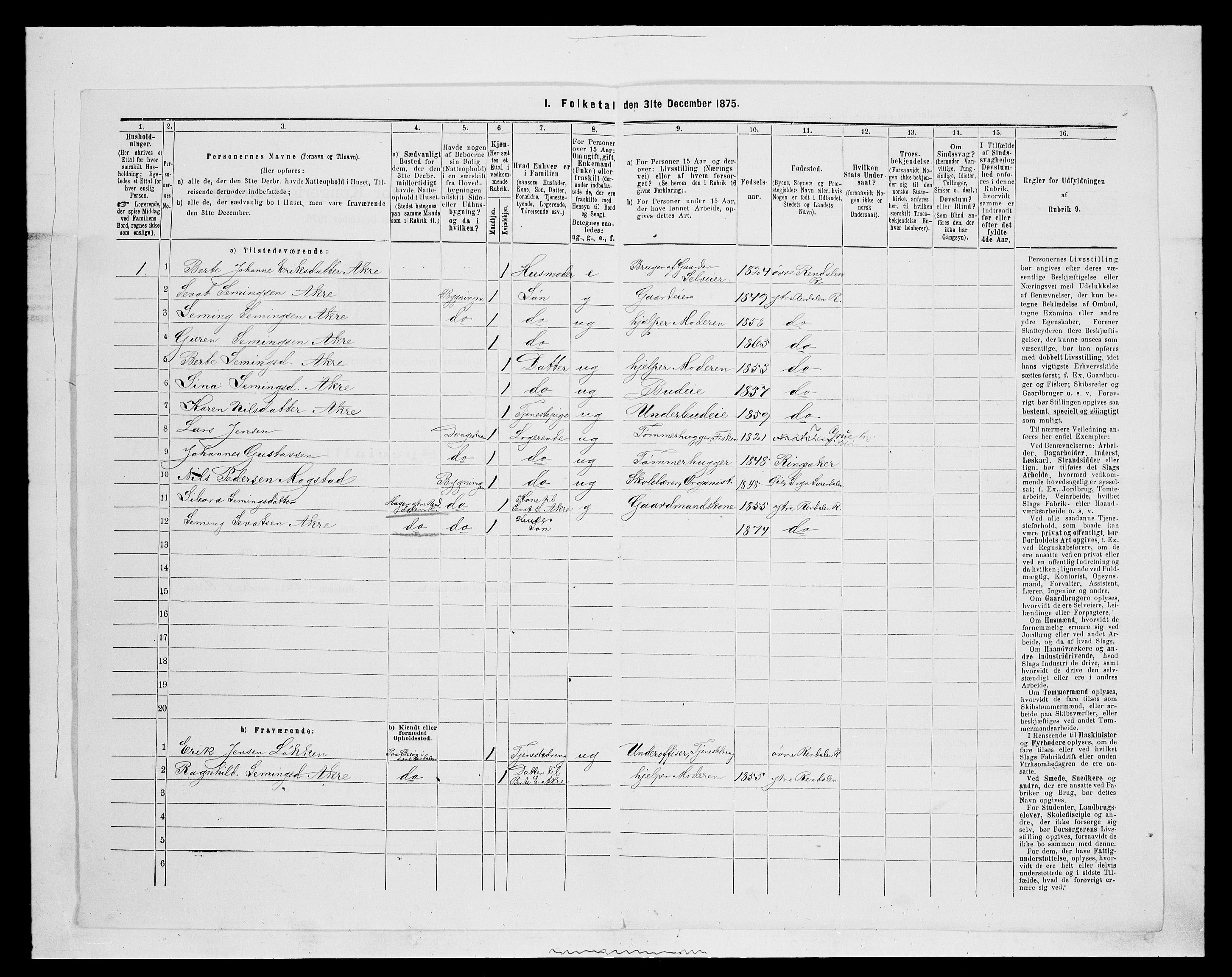 SAH, 1875 census for 0432P Rendalen, 1875, p. 213