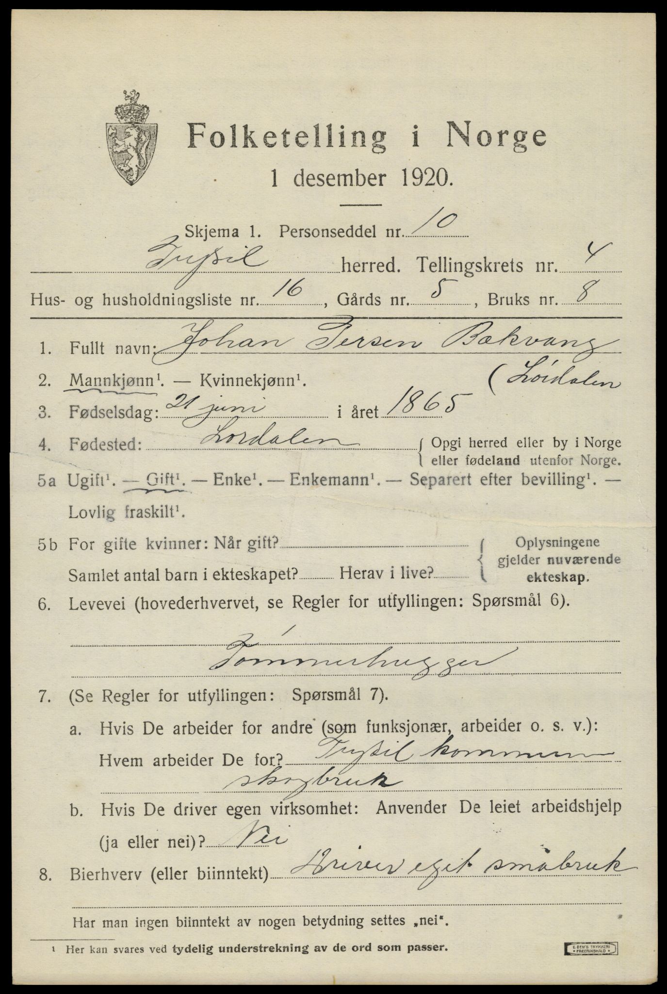 SAH, 1920 census for Trysil, 1920, p. 4309