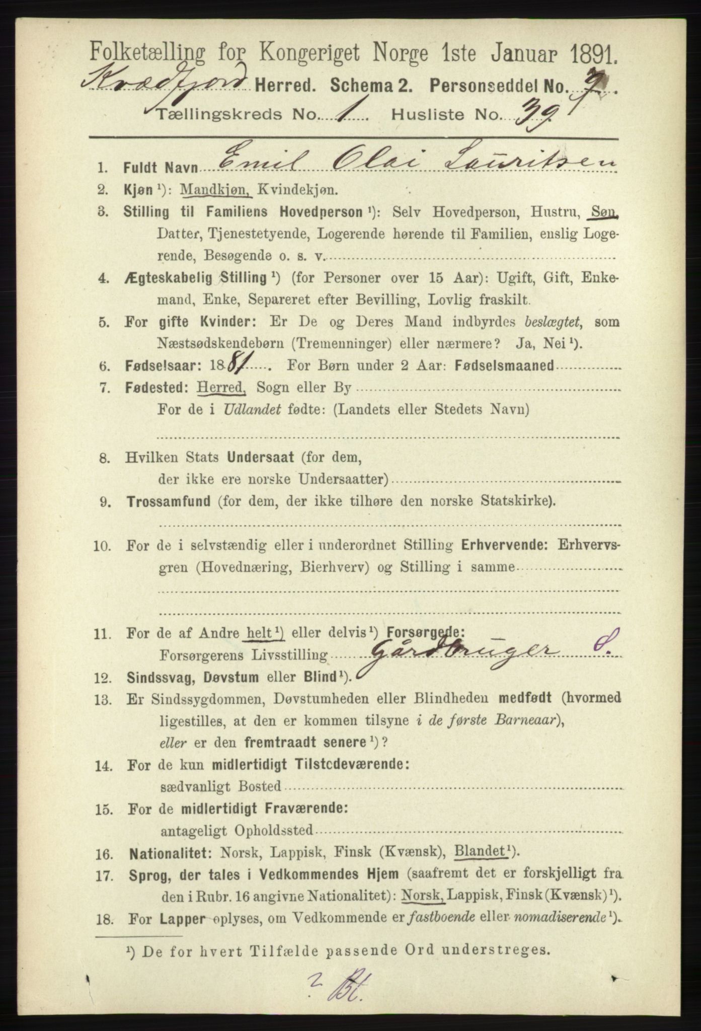 RA, 1891 census for 1911 Kvæfjord, 1891, p. 341