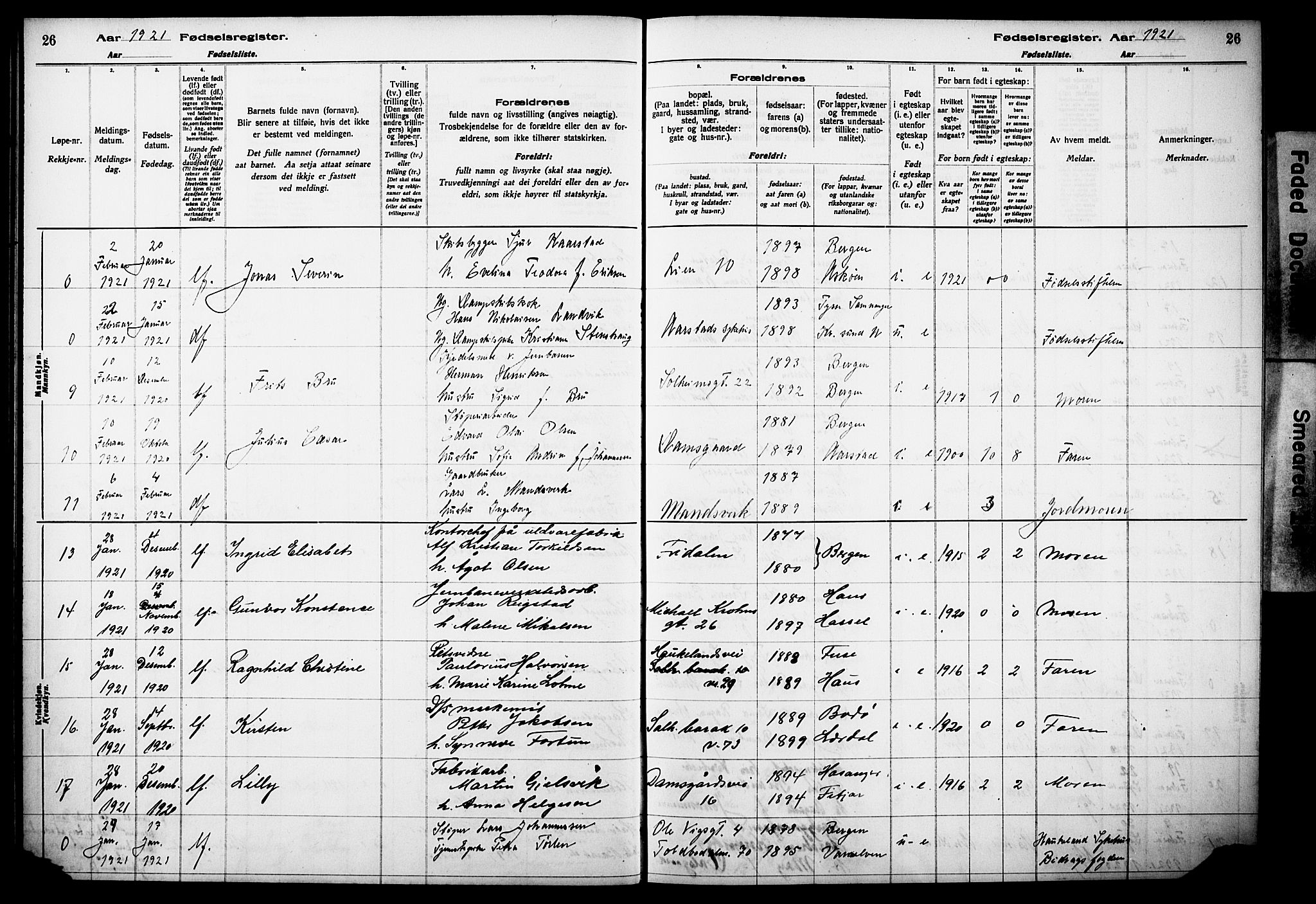 Årstad Sokneprestembete, AV/SAB-A-79301/I/Id/L0A02: Birth register no. A 2, 1920-1924, p. 26