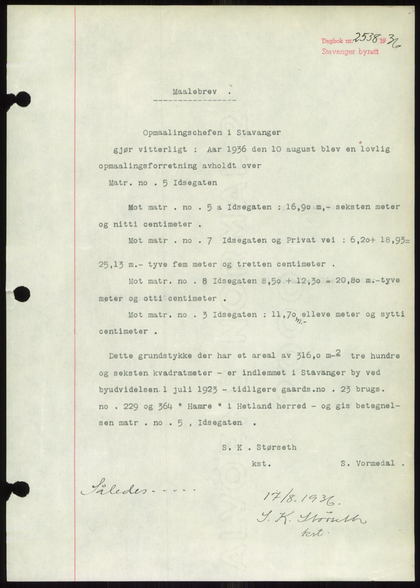 Stavanger byrett, SAST/A-100455/002/G/Gb/L0033: Mortgage book, 1936-1950, Diary no: : 2538/1936