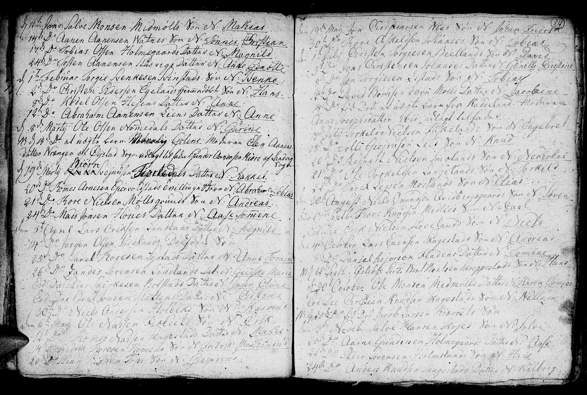 Holum sokneprestkontor, SAK/1111-0022/F/Fb/Fba/L0001: Parish register (copy) no. B 1 /1, 1770-1820, p. 84