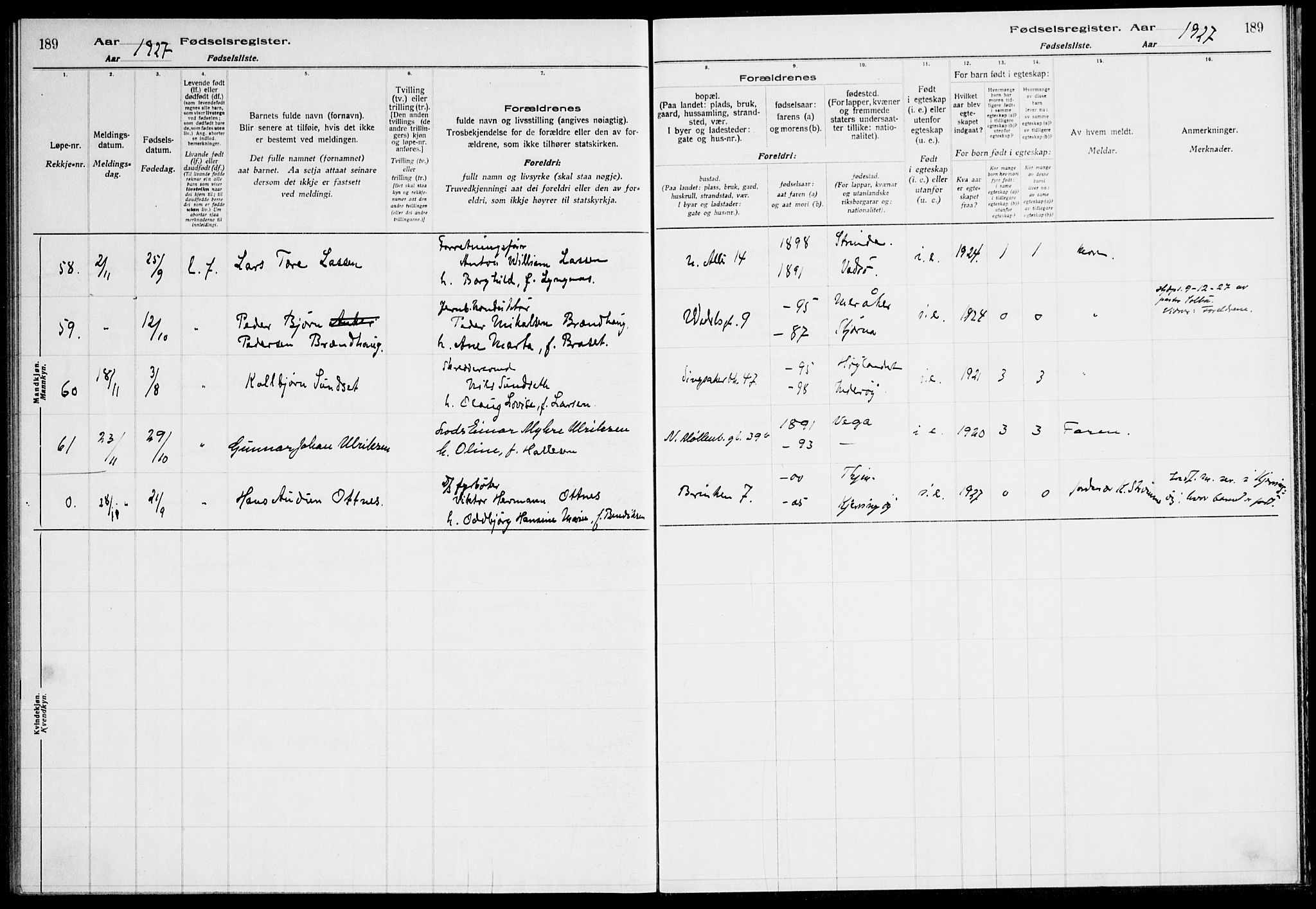 Ministerialprotokoller, klokkerbøker og fødselsregistre - Sør-Trøndelag, AV/SAT-A-1456/604/L0233: Birth register no. 604.II.4.2, 1920-1928, p. 189