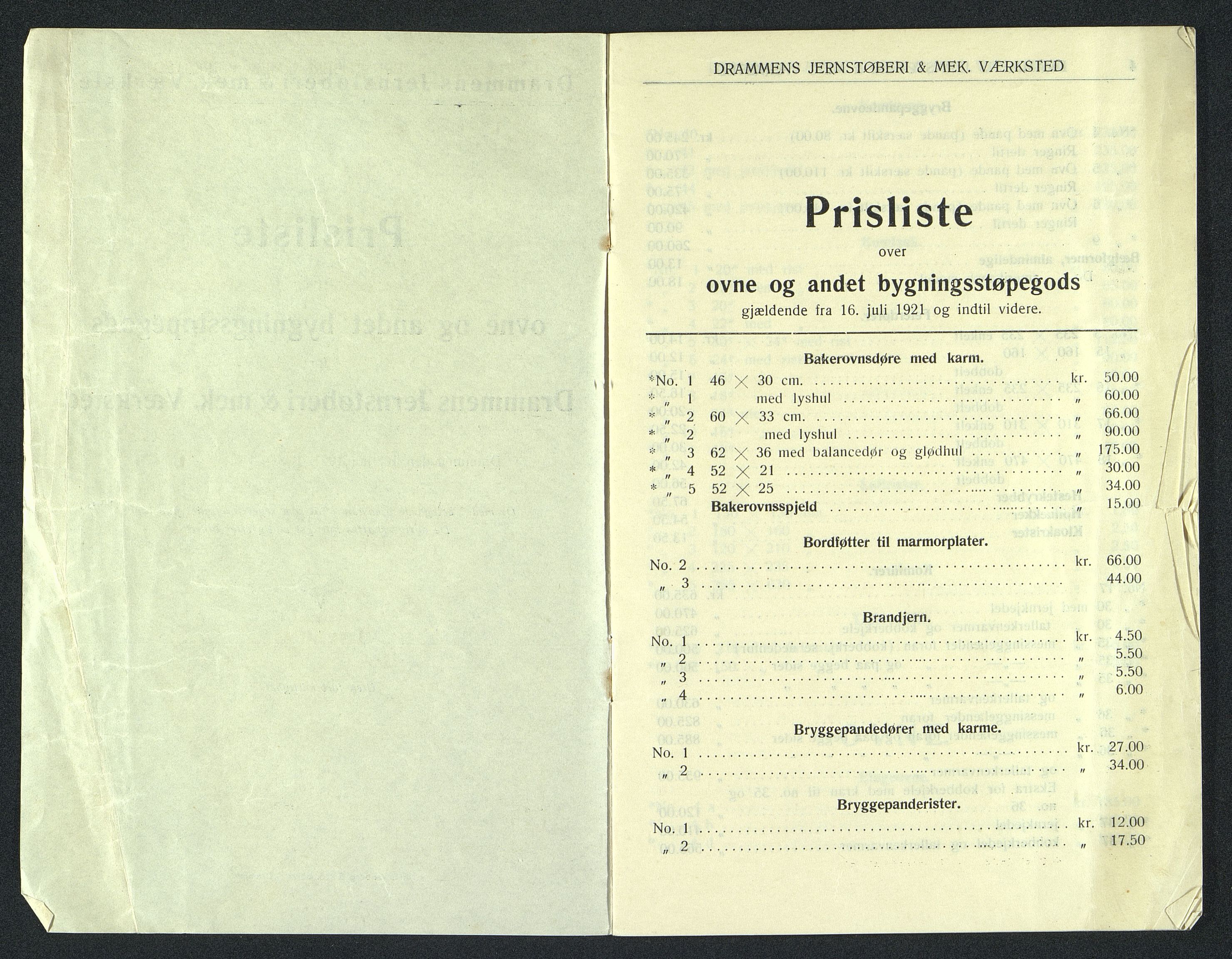 Næs Jernverksmuseets samling av historiske ovnskataloger, NESJ/NJM-006/01/L0038: Drammens Jernstøberi & mek. Værksted, Prisliste over ovne og andet bygningsstøpegods, nedsatte priser fra 14.4.1923, 1923