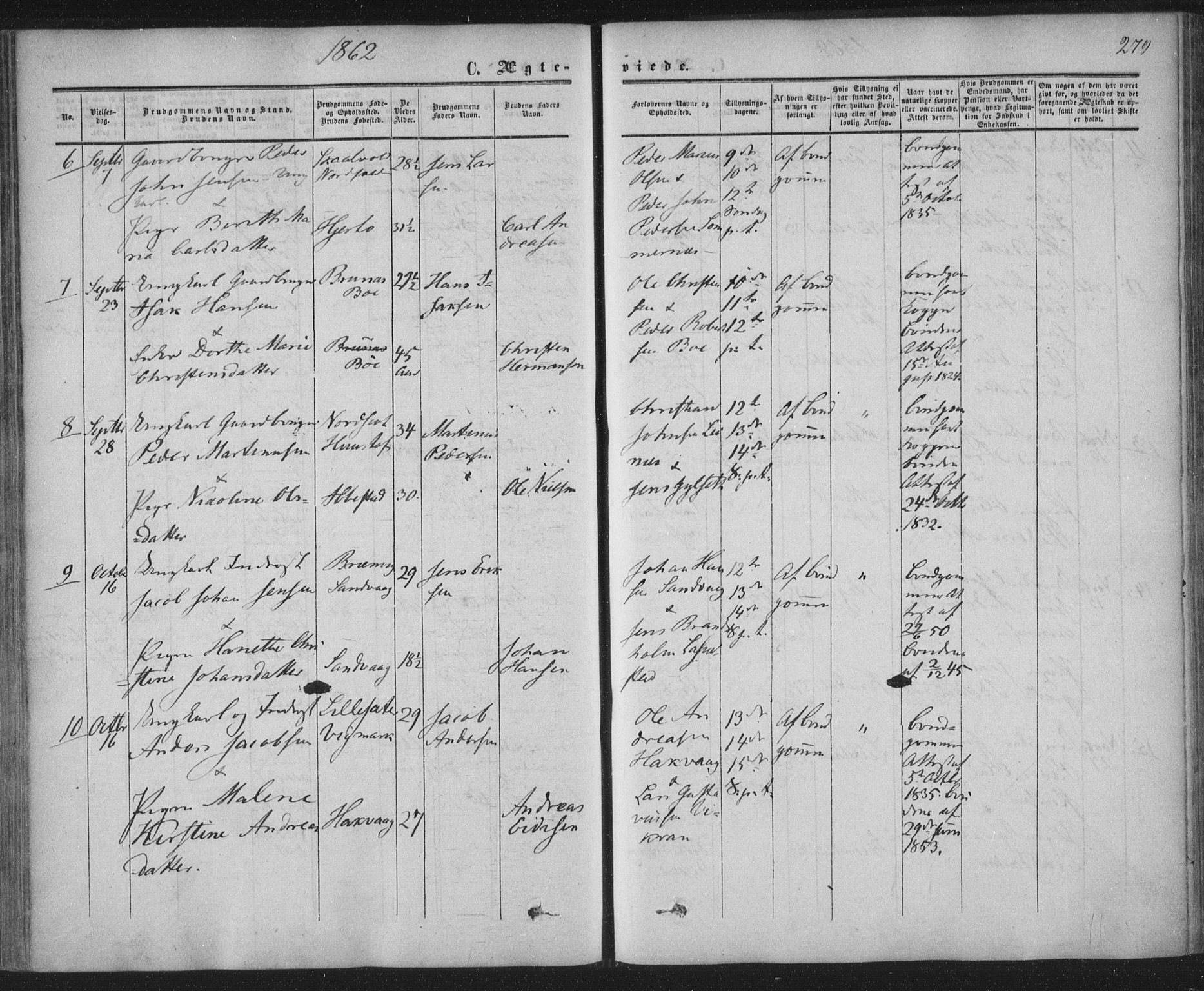 Ministerialprotokoller, klokkerbøker og fødselsregistre - Nordland, AV/SAT-A-1459/855/L0800: Parish register (official) no. 855A08, 1852-1864, p. 279